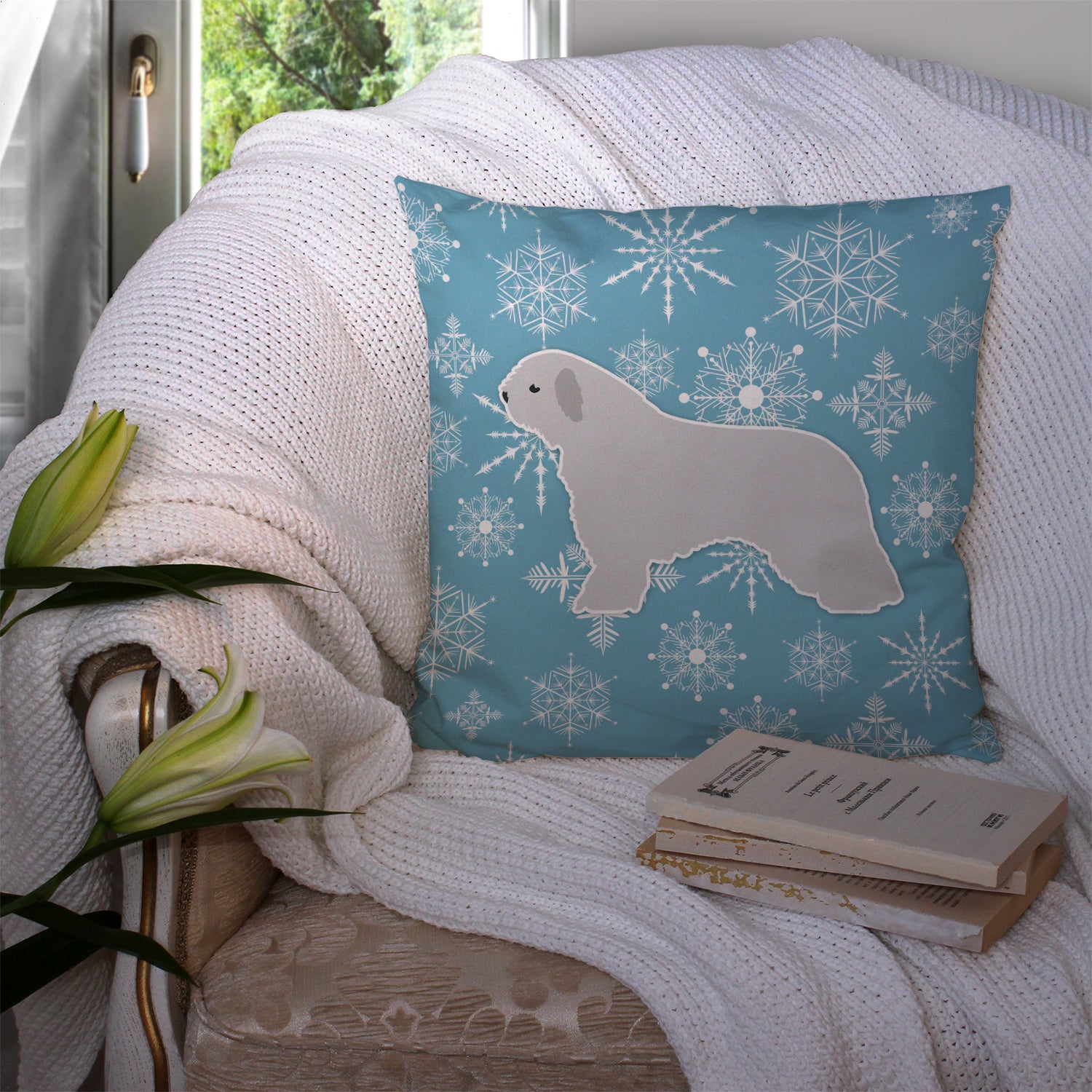 Winter Snowflake Spanish Water Dog Fabric Decorative Pillow BB3515PW1414 - the-store.com