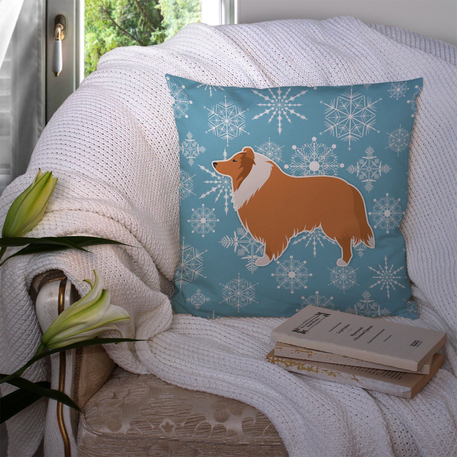 Winter Snowflake Collie Fabric Decorative Pillow BB3516PW1414 - the-store.com