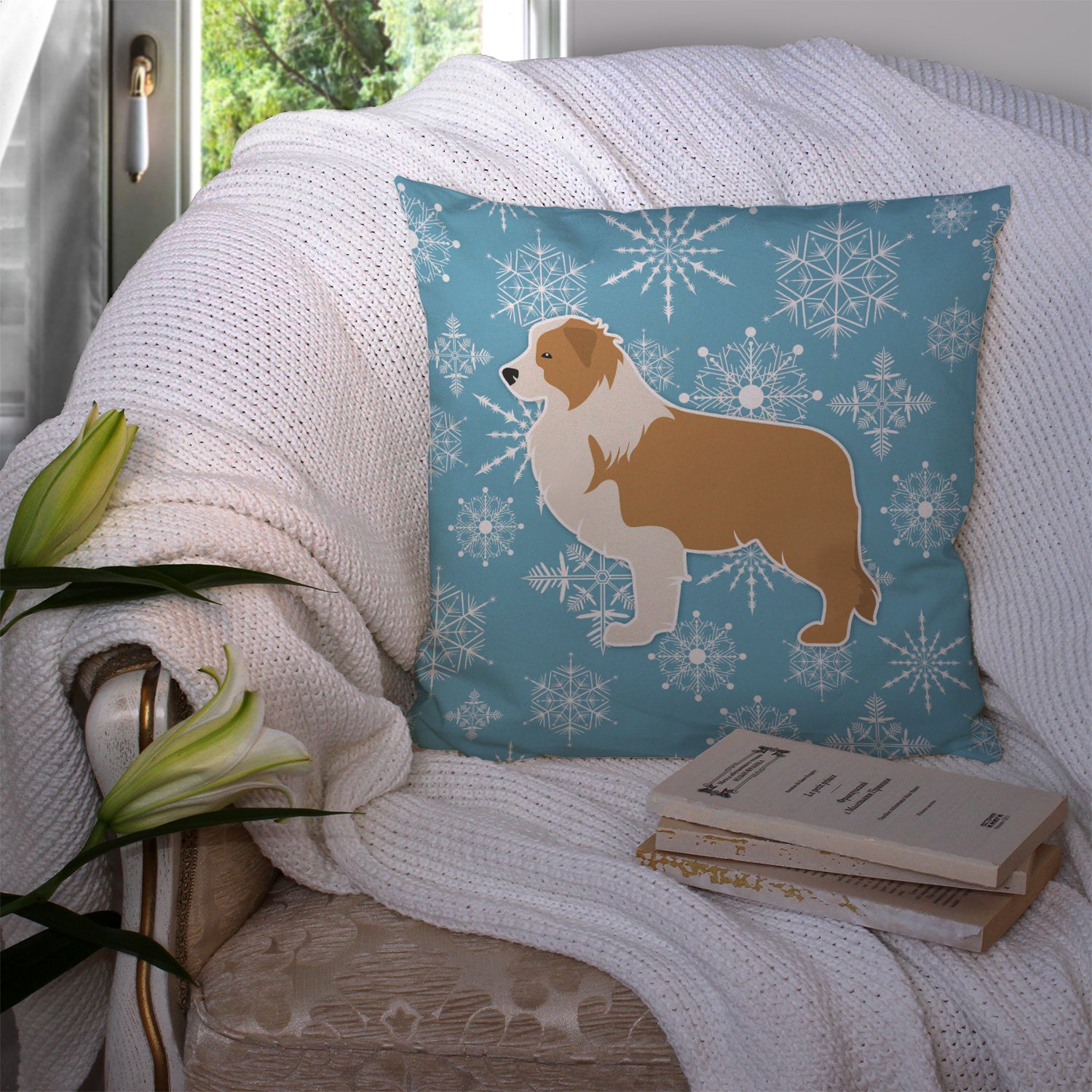 Winter Snowflake Red Border Collie Fabric Decorative Pillow BB3522PW1414 - the-store.com