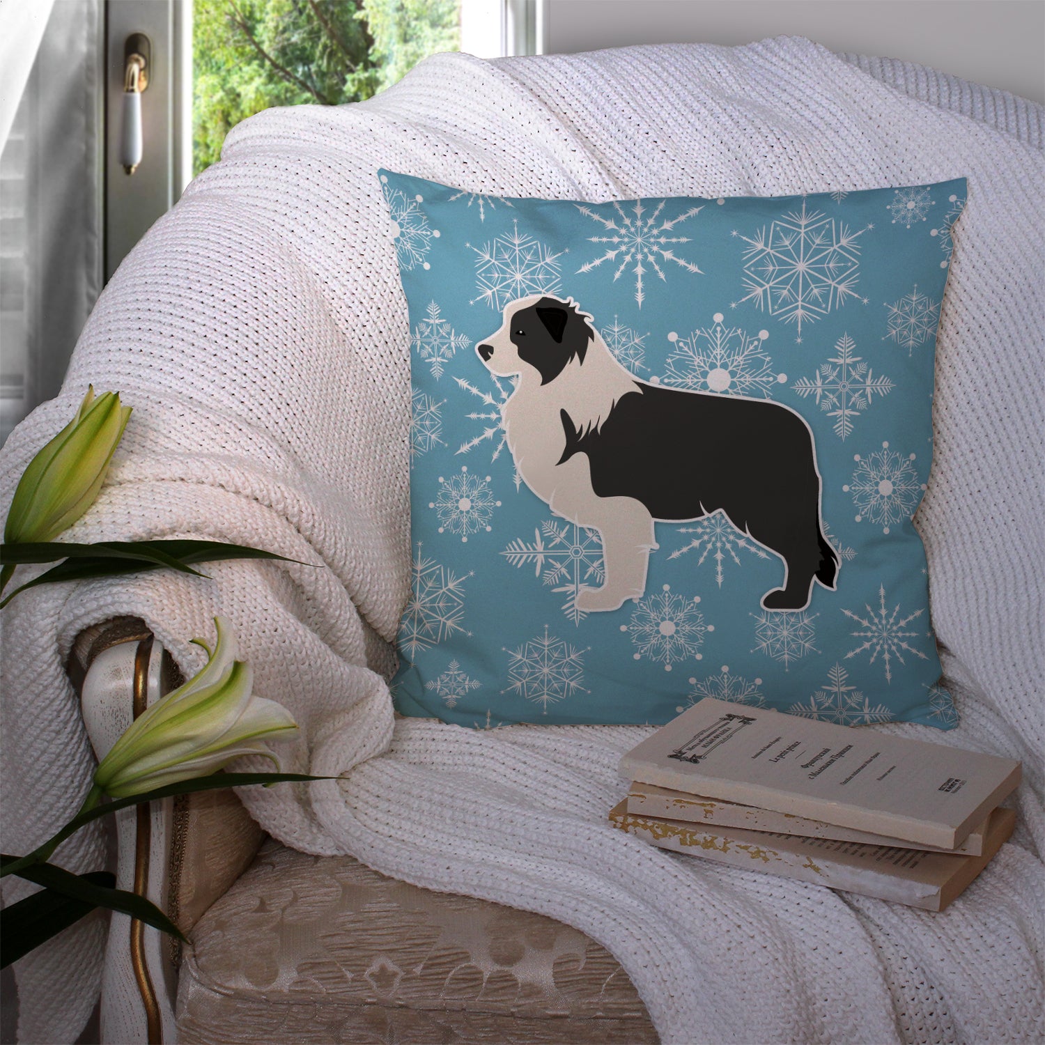 Winter Snowflake Black Border Collie Fabric Decorative Pillow BB3523PW1414 - the-store.com