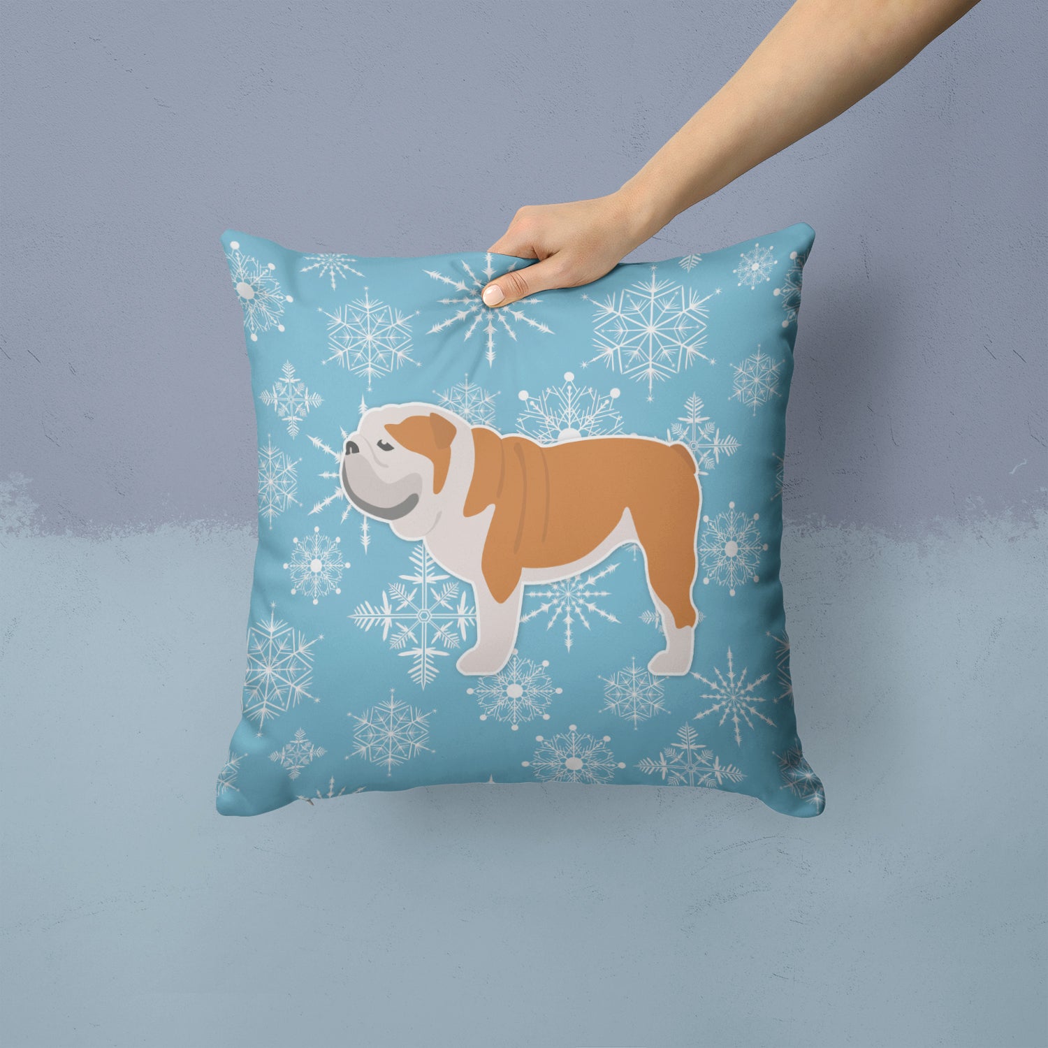 Winter Snowflake English Bulldog Fabric Decorative Pillow BB3562PW1414 - the-store.com