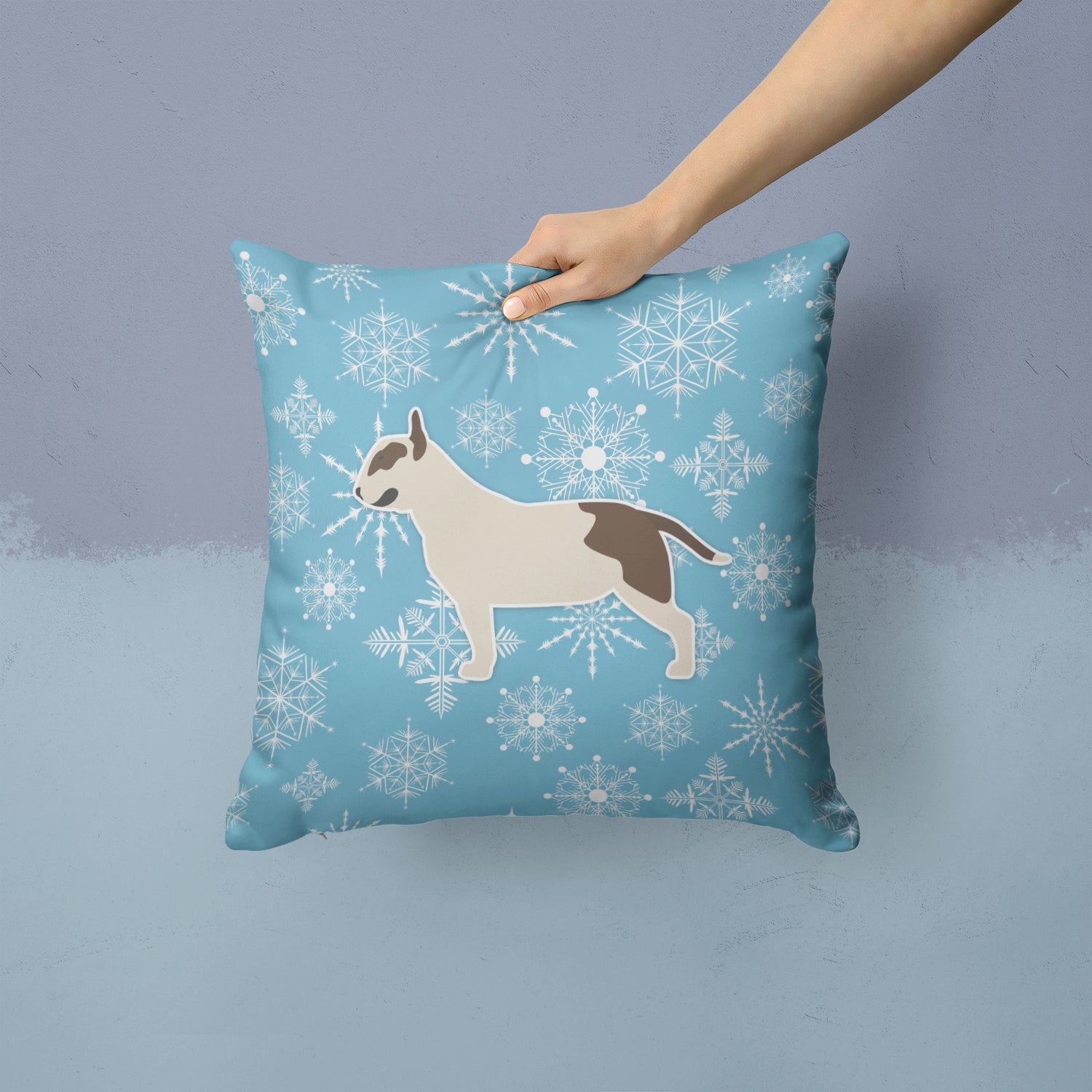 Winter Snowflake Bull Terrier Fabric Decorative Pillow BB3578PW1414 - the-store.com