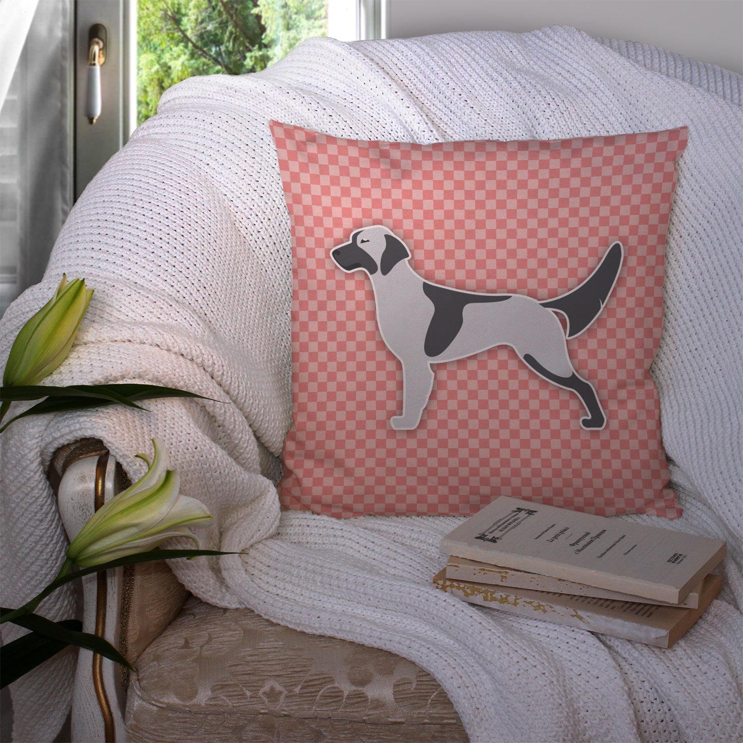 English Setter Checkerboard Pink Fabric Decorative Pillow BB3581PW1414 - the-store.com