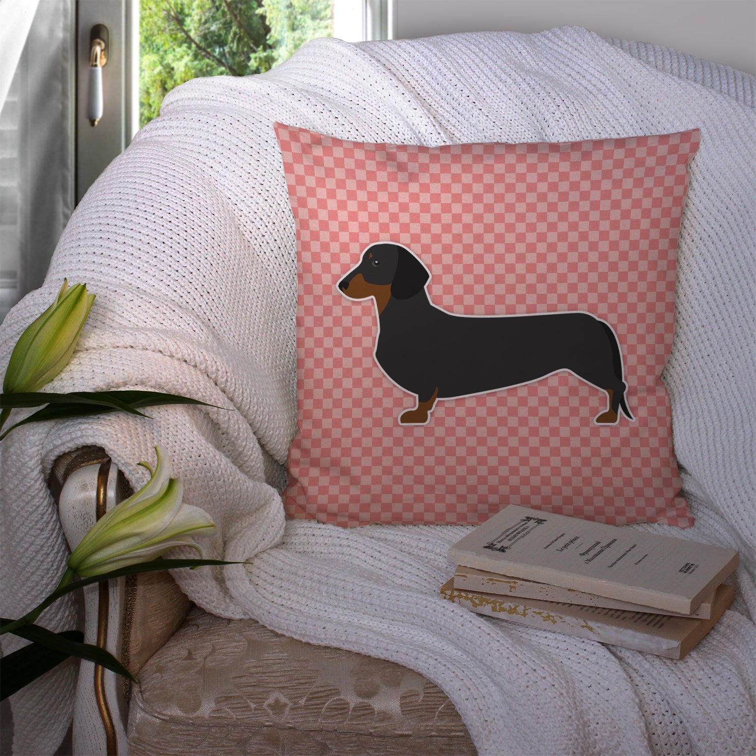 Dachshund Checkerboard Pink Fabric Decorative Pillow BB3582PW1414 - the-store.com