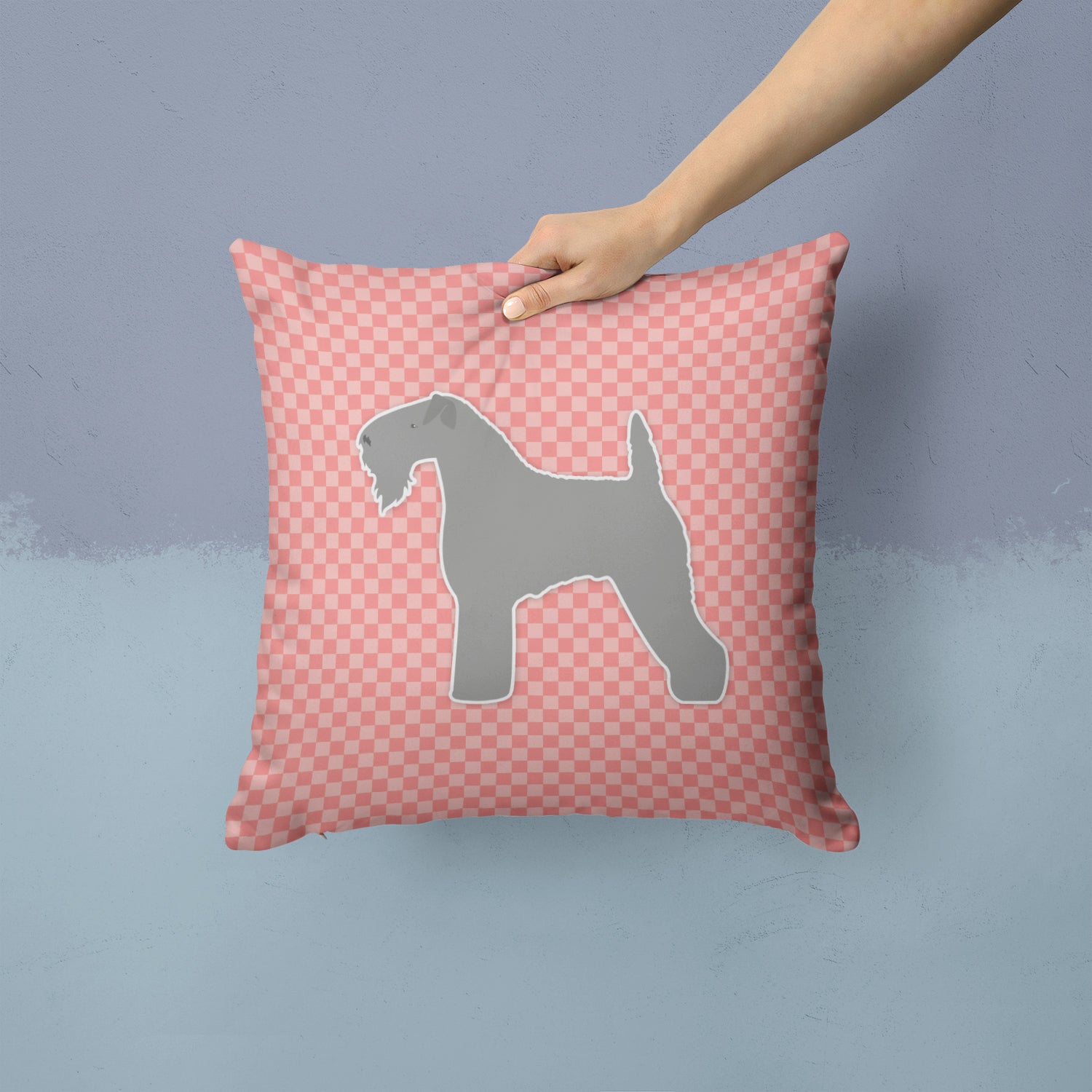 Kerry Blue Terrier Checkerboard Pink Fabric Decorative Pillow BB3592PW1414 - the-store.com