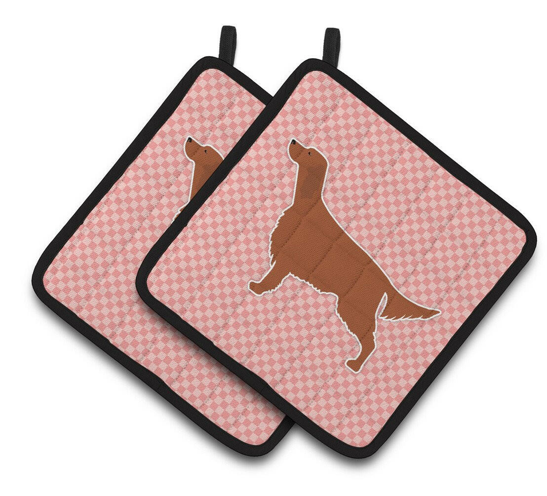 Irish Setter Checkerboard Pink Pair of Pot Holders BB3593PTHD by Caroline&#39;s Treasures