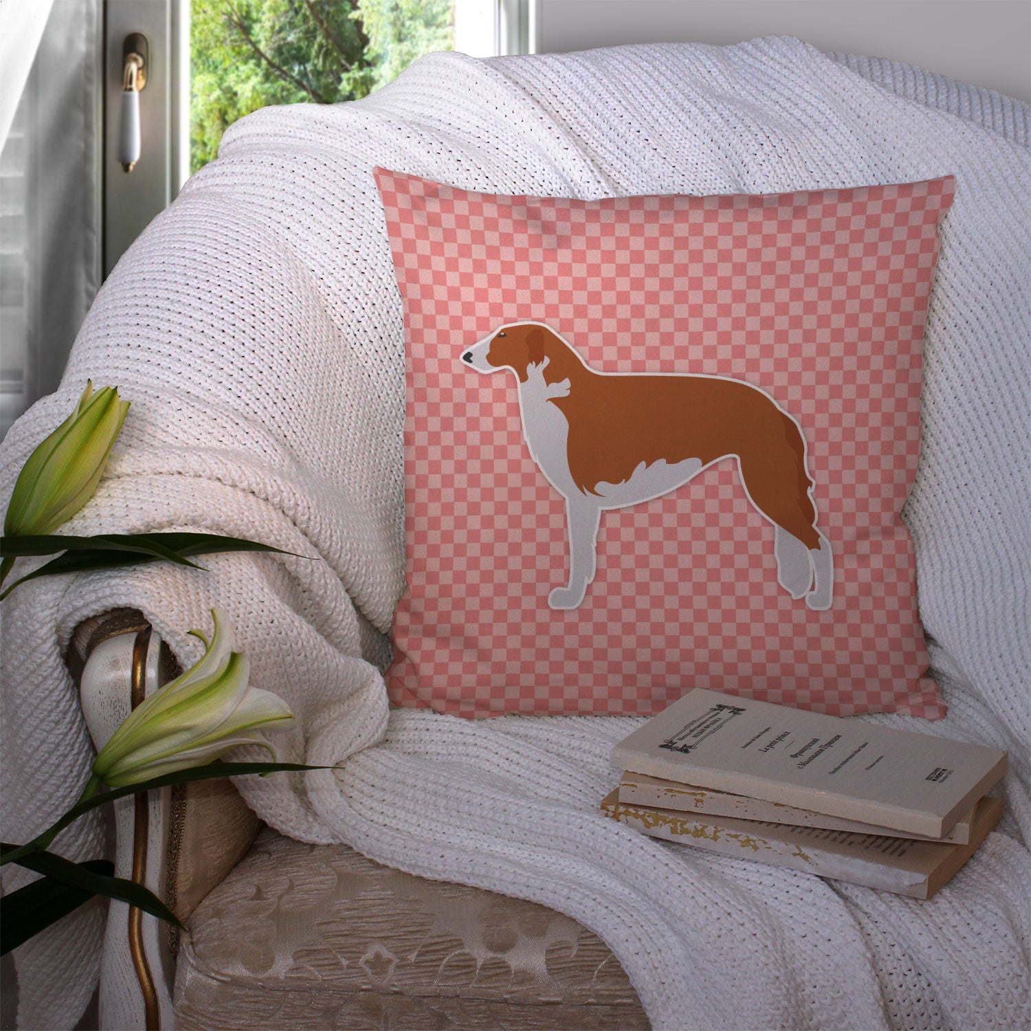 Borzoi Russian Greyhound Checkerboard Pink Fabric Decorative Pillow BB3599PW1414 - the-store.com