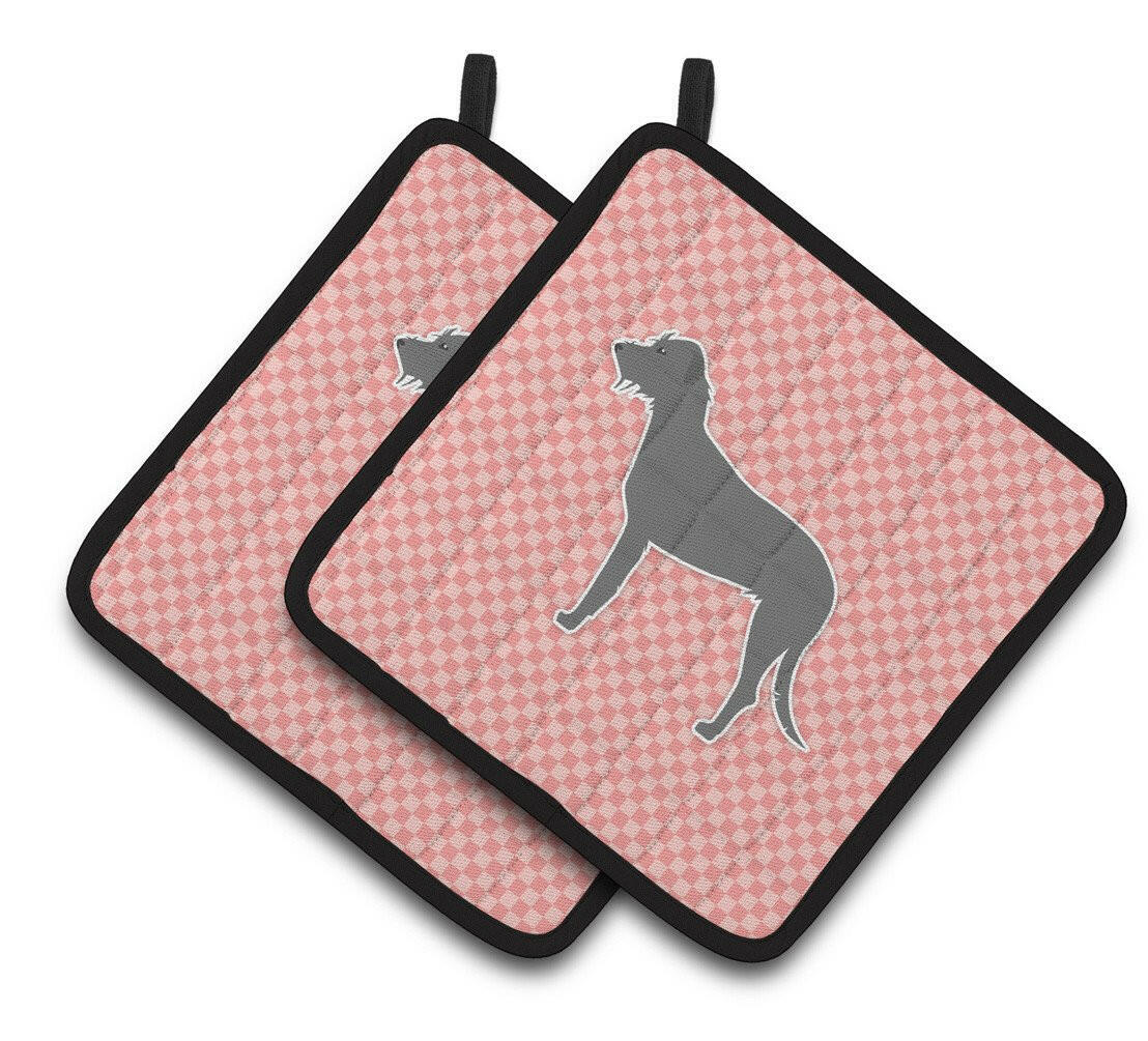 Irish Wolfhound Checkerboard Pink Pair of Pot Holders BB3603PTHD by Caroline&#39;s Treasures