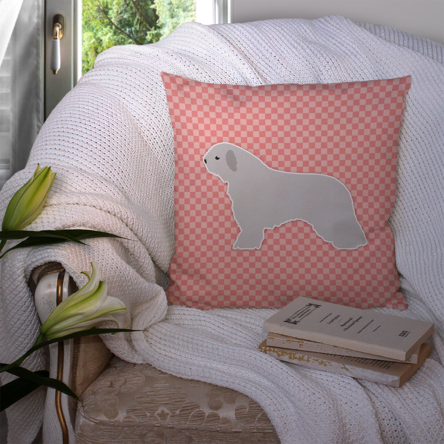 Spanish Water Dog Checkerboard Pink Fabric Decorative Pillow BB3615PW1414 - the-store.com