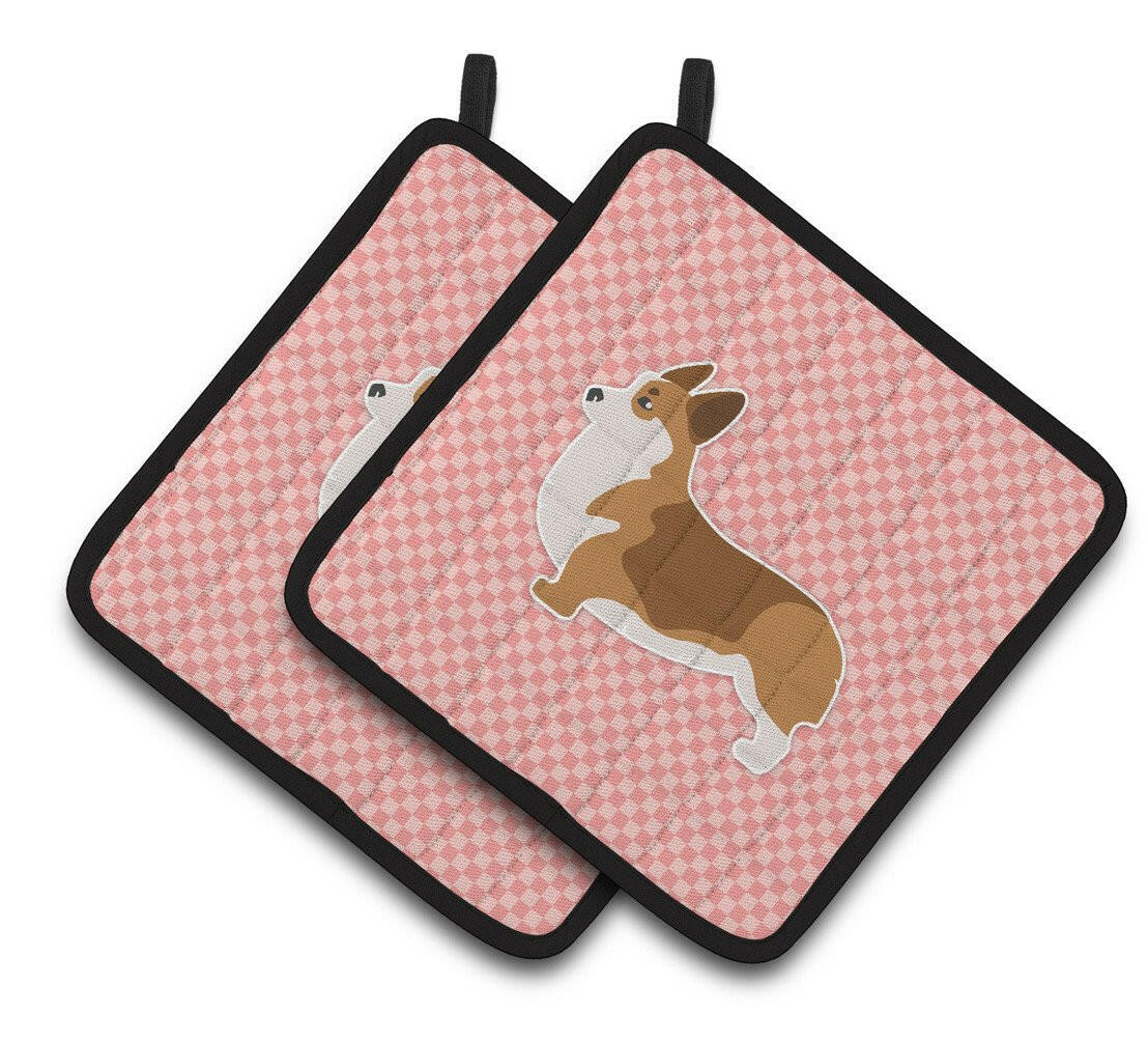 Corgi Checkerboard Pink Pair of Pot Holders BB3620PTHD by Caroline&#39;s Treasures