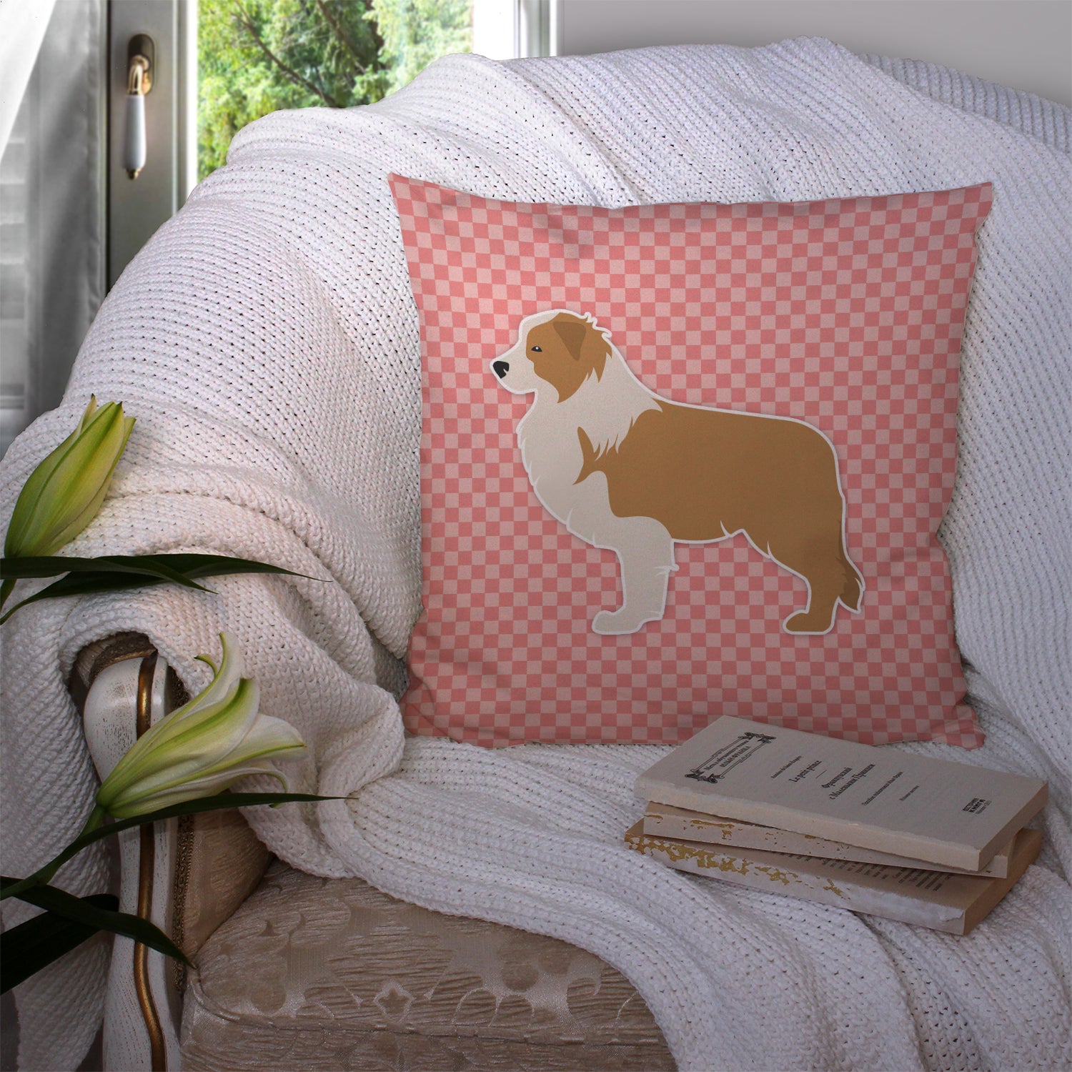 Red Border Collie Checkerboard Pink Fabric Decorative Pillow BB3622PW1414 - the-store.com