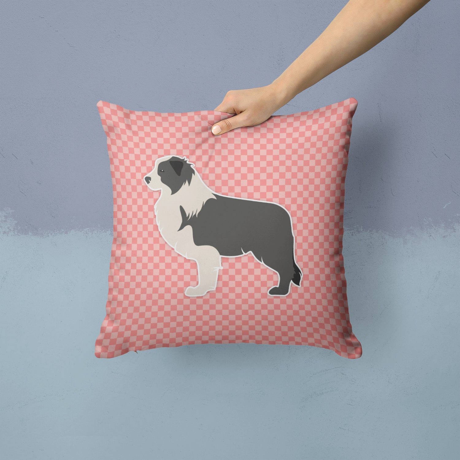 Black Border Collie Checkerboard Pink Fabric Decorative Pillow BB3623PW1414 - the-store.com