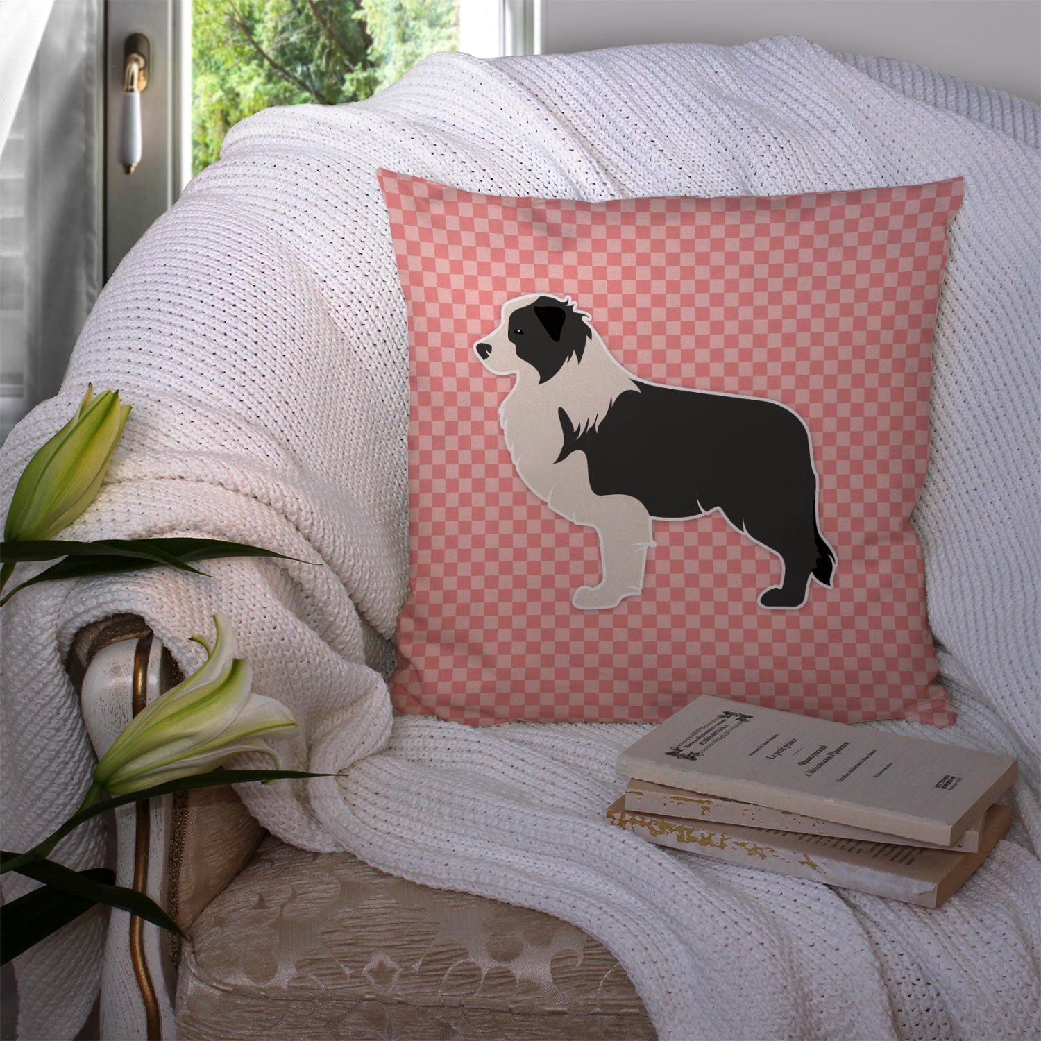 Black Border Collie Checkerboard Pink Fabric Decorative Pillow BB3623PW1414 - the-store.com