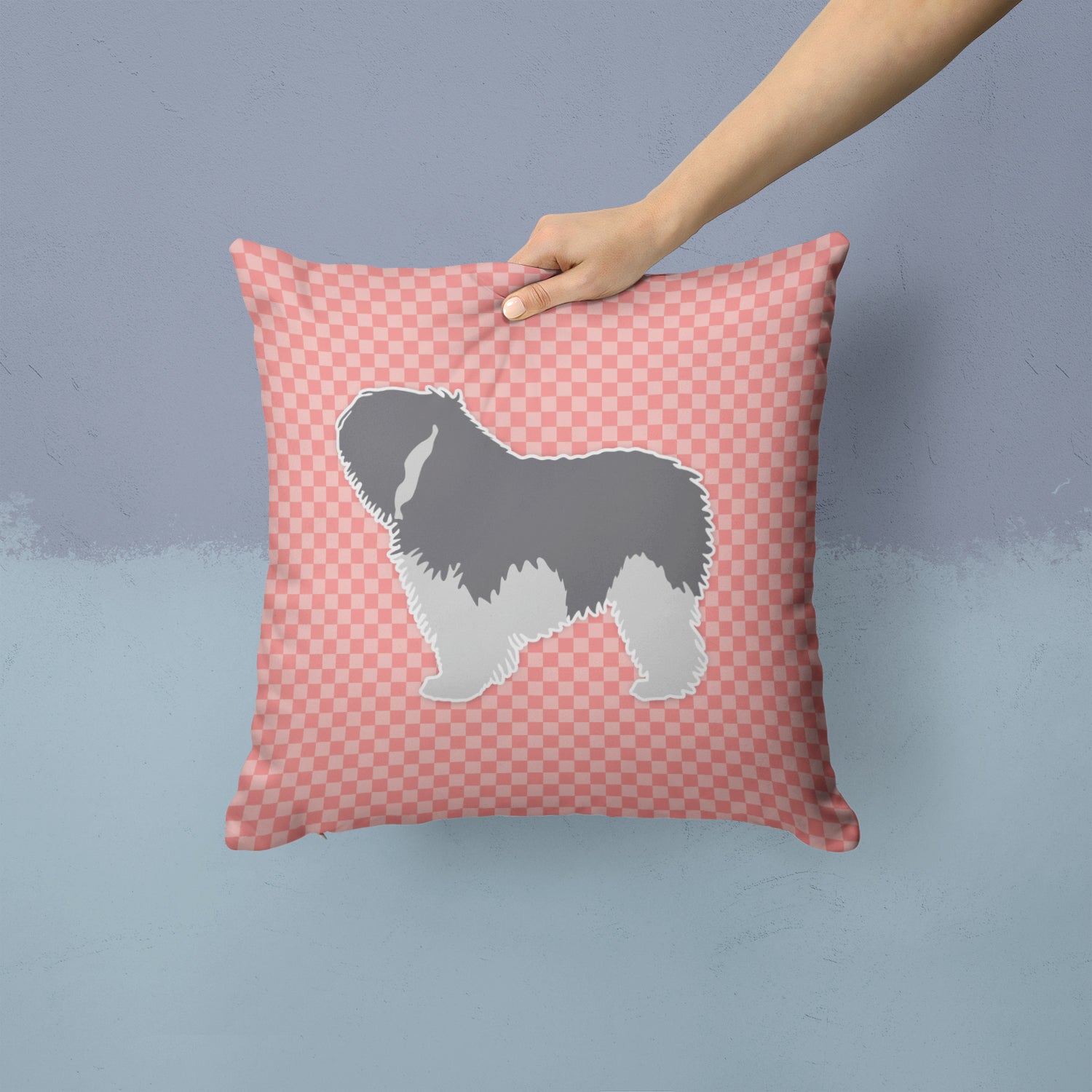 Polish Lowland Sheepdog Dog Checkerboard Pink Fabric Decorative Pillow BB3632PW1414 - the-store.com