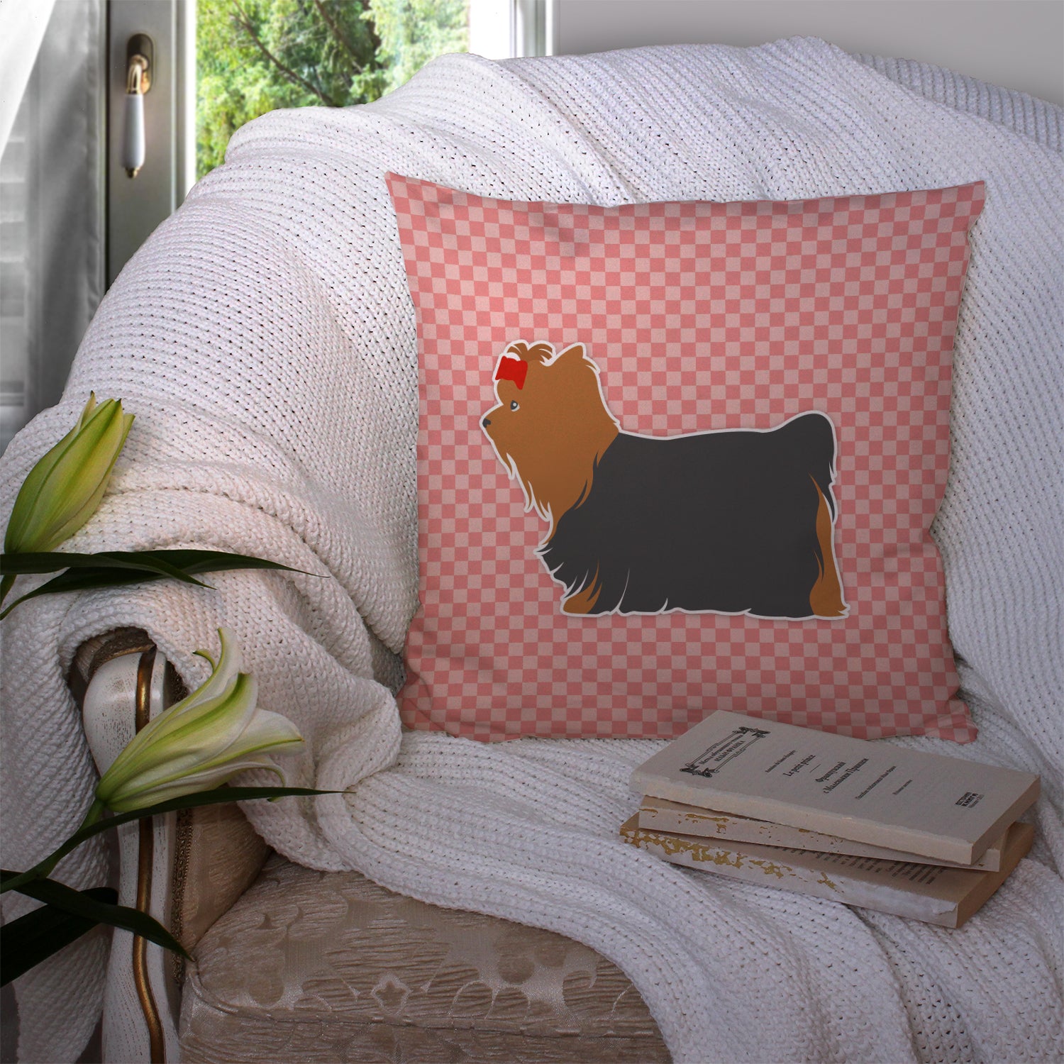 Yorkshire Terrier Yorkie Checkerboard Pink Fabric Decorative Pillow BB3634PW1414 - the-store.com