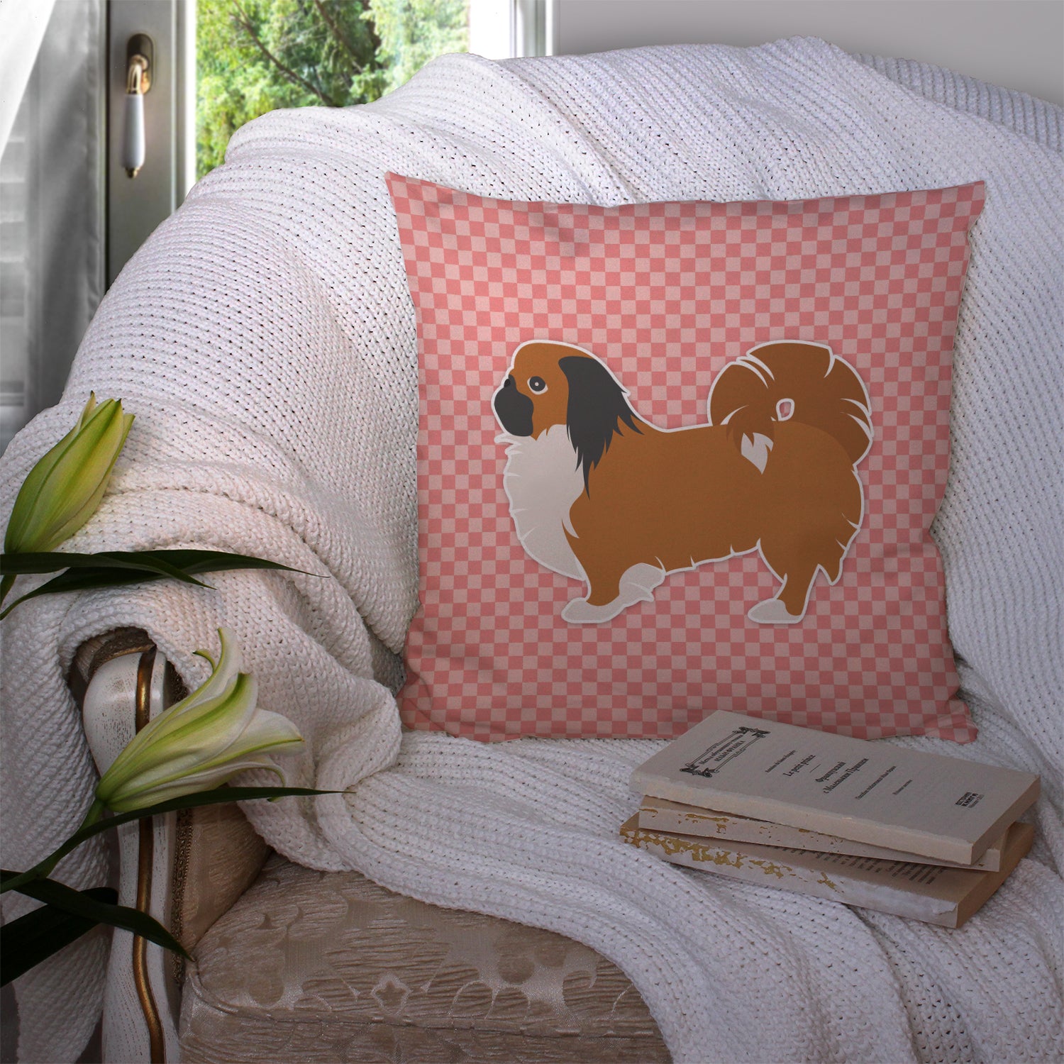 Pekingese Checkerboard Pink Fabric Decorative Pillow BB3638PW1414 - the-store.com