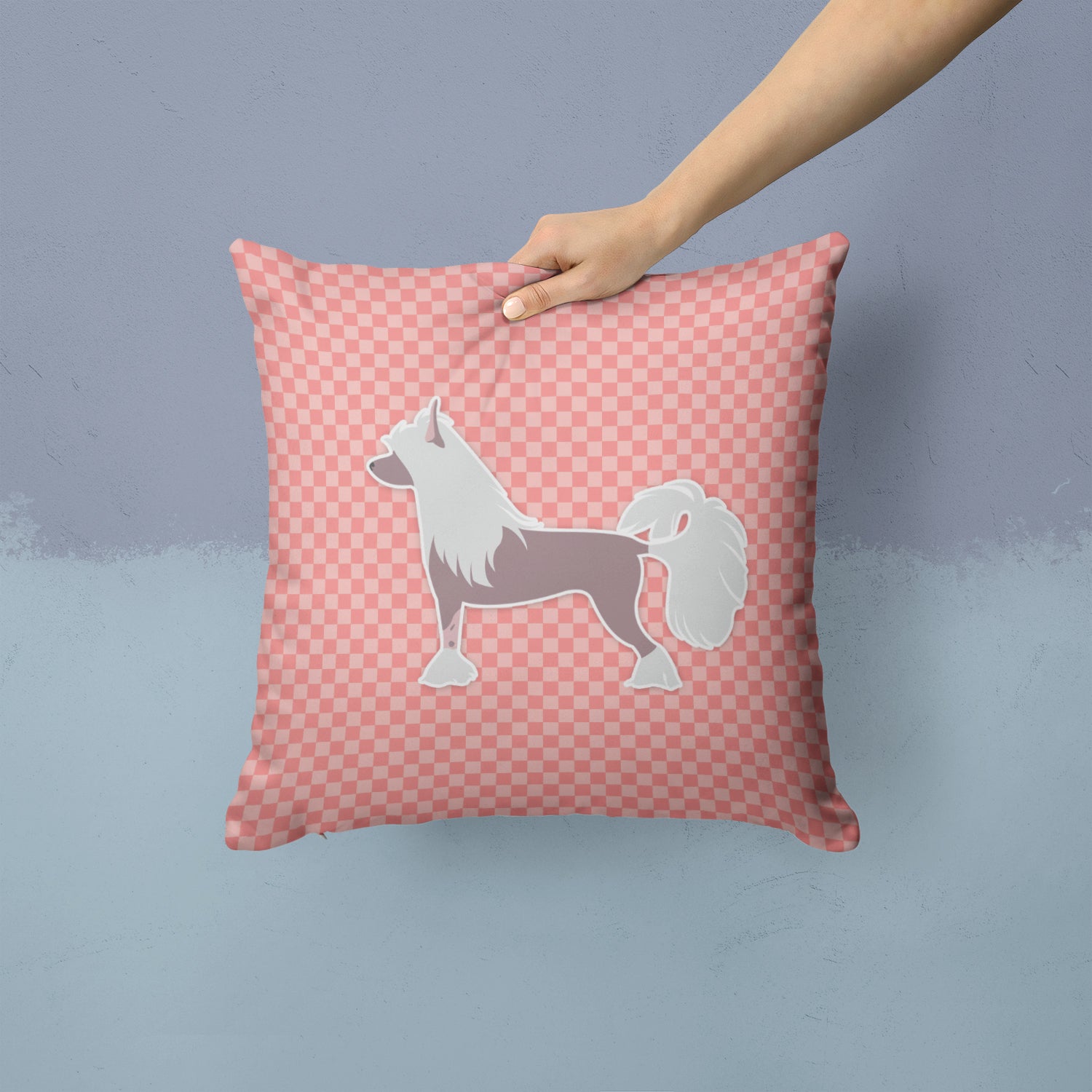 Chinese Crested Checkerboard Pink Fabric Decorative Pillow BB3643PW1414 - the-store.com