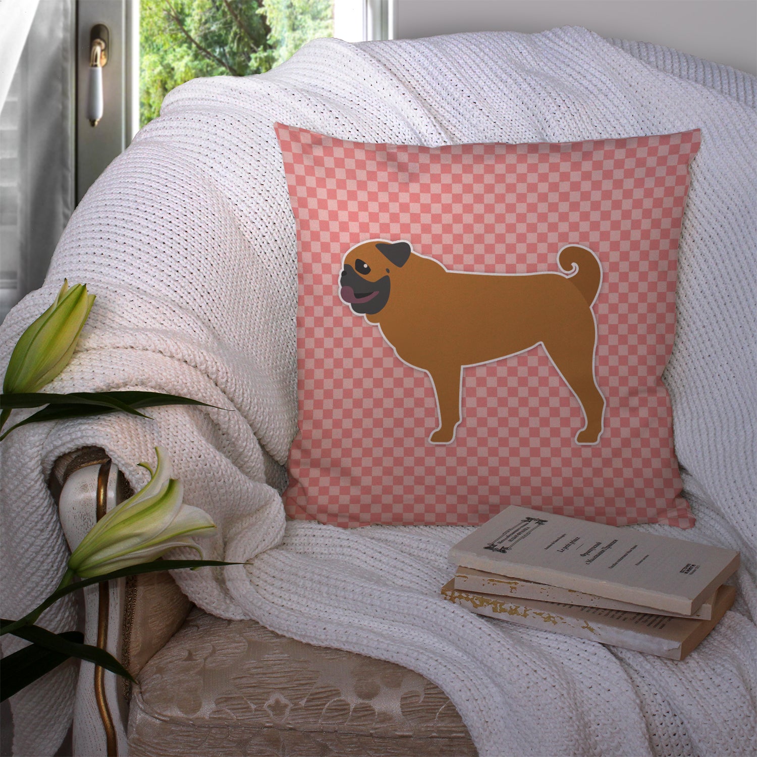 Pug Checkerboard Pink Fabric Decorative Pillow BB3647PW1414 - the-store.com