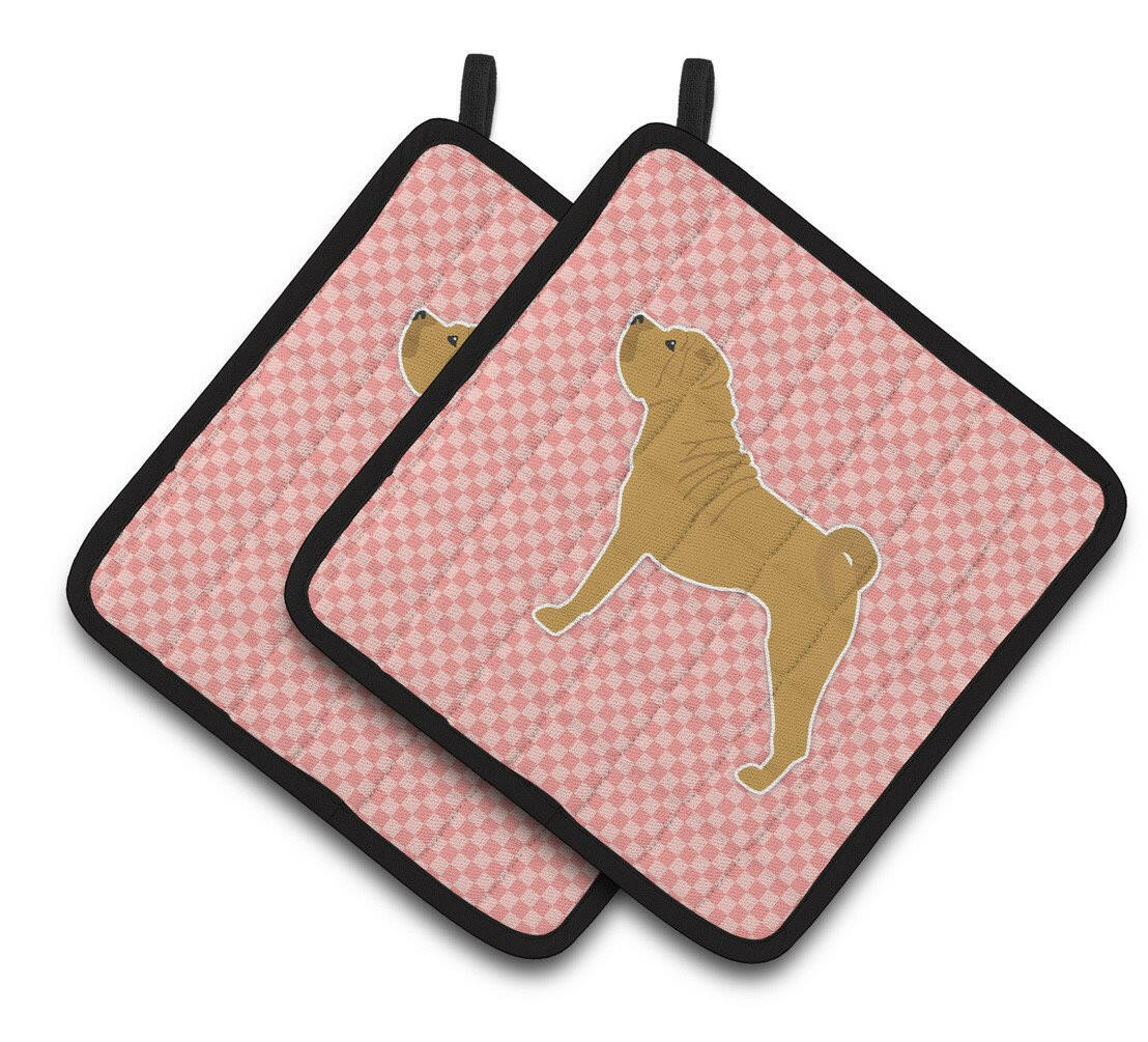 Shar Pei Merry Checkerboard Pink Pair of Pot Holders BB3652PTHD by Caroline&#39;s Treasures