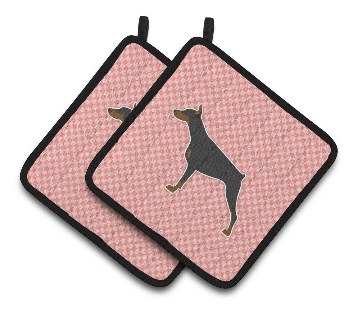 Doberman Pinscher Checkerboard Pink Pair of Pot Holders BB3660PTHD by Caroline&#39;s Treasures