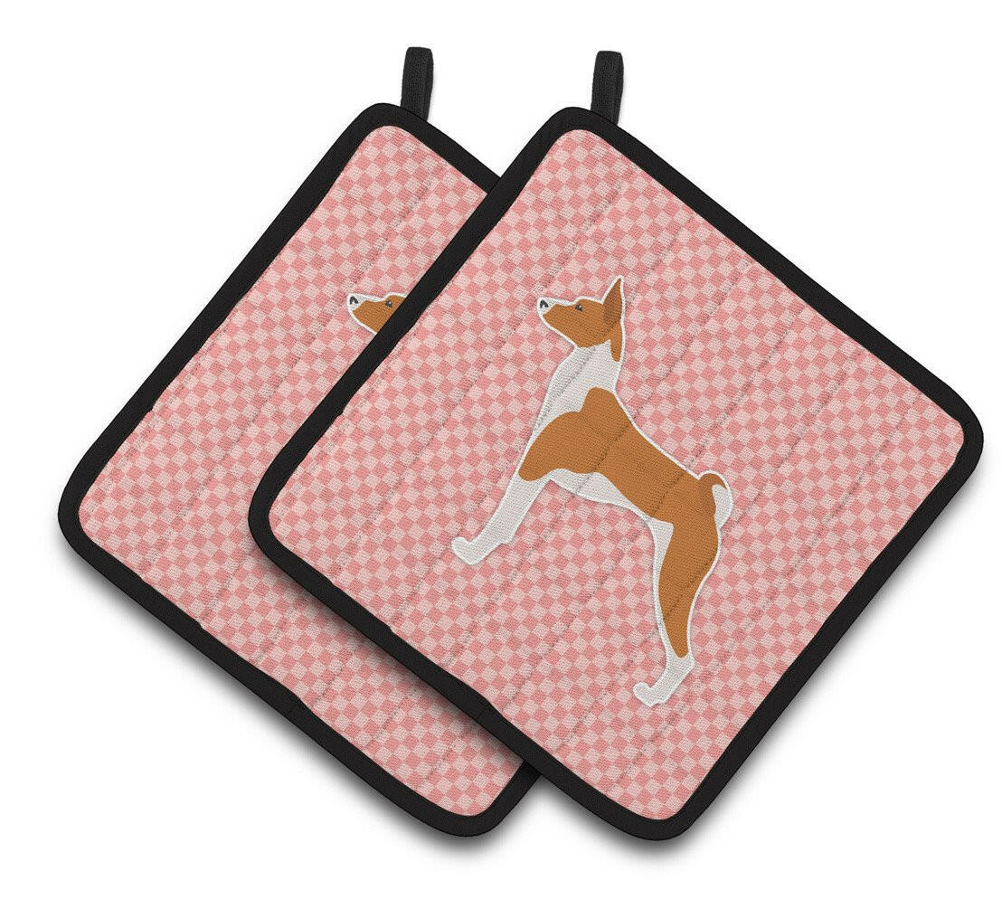 Basenji Checkerboard Pink Pair of Pot Holders BB3674PTHD by Caroline&#39;s Treasures