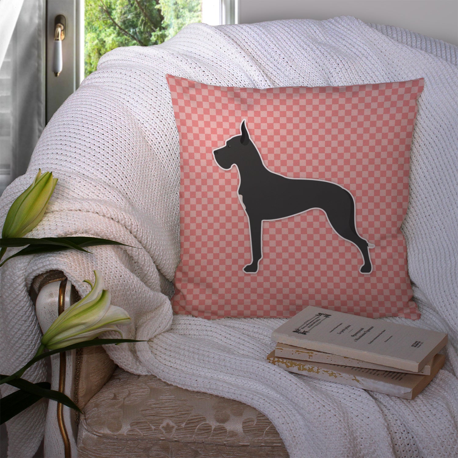 Great Dane Checkerboard Pink Fabric Decorative Pillow BB3675PW1414 - the-store.com