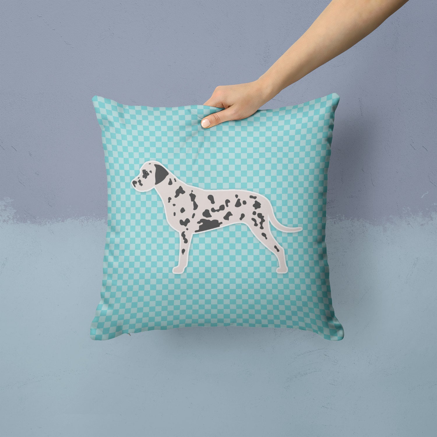 Dalmatian  Checkerboard Blue Fabric Decorative Pillow BB3683PW1414 - the-store.com