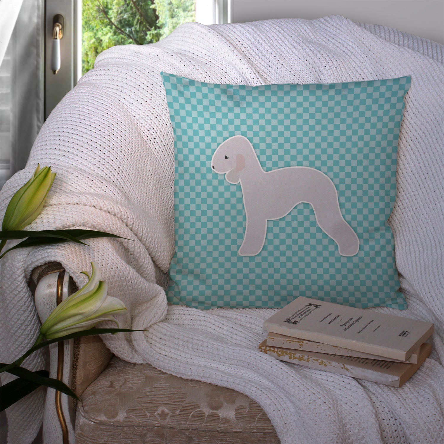 Bedlington Terrier  Checkerboard Blue Fabric Decorative Pillow BB3694PW1414 - the-store.com