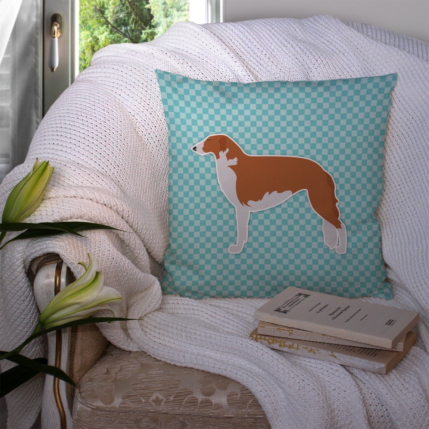 Borzoi Russian Greyhound  Checkerboard Blue Fabric Decorative Pillow BB3699PW1414 - the-store.com