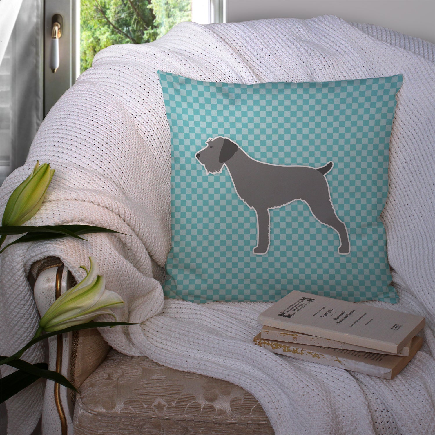 German Wirehaired Pointer Checkerboard Blue Fabric Decorative Pillow BB3711PW1414 - the-store.com