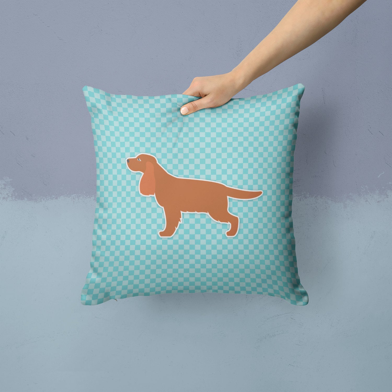 English Cocker Spaniel Checkerboard Blue Fabric Decorative Pillow BB3712PW1414 - the-store.com