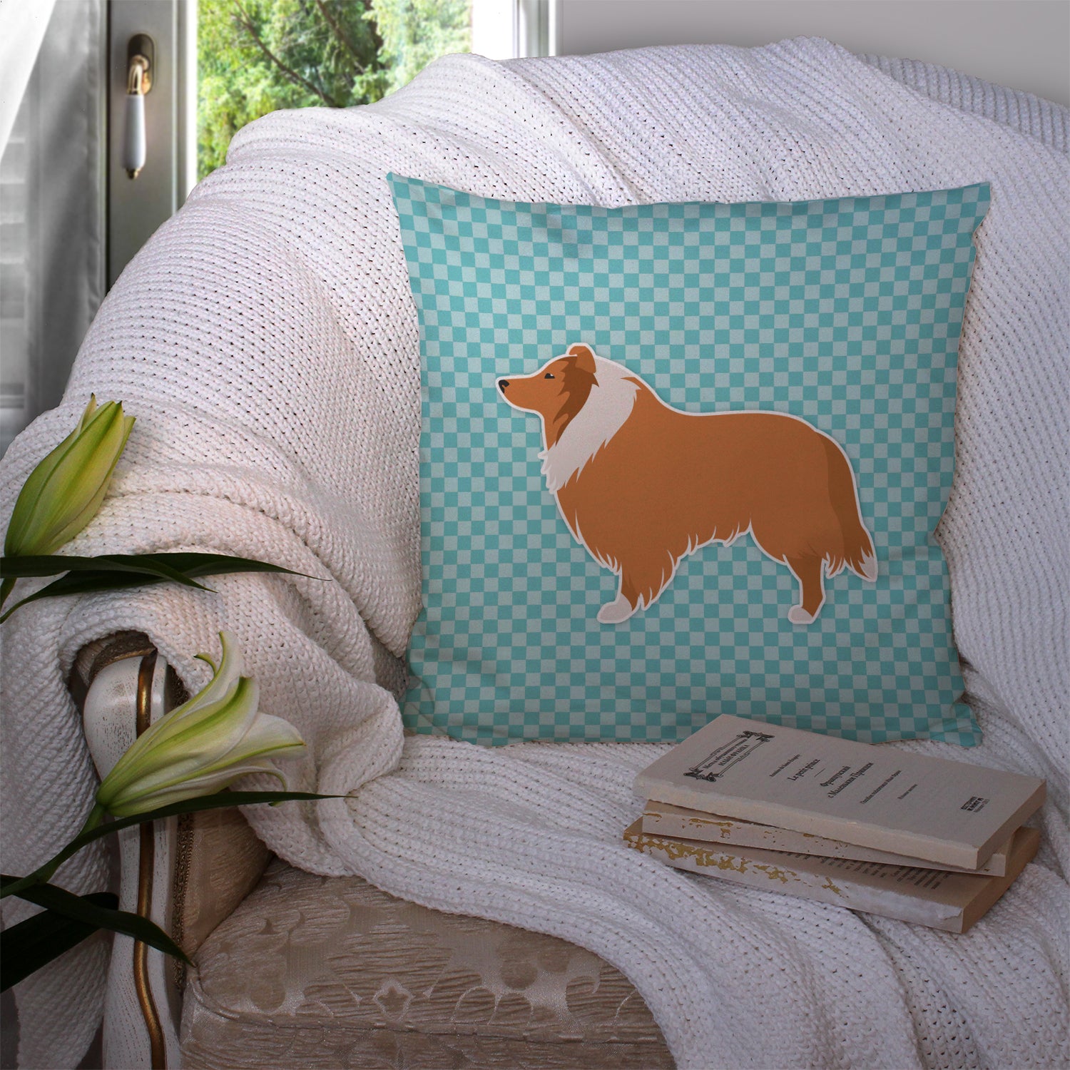 Collie Checkerboard Blue Fabric Decorative Pillow BB3716PW1414 - the-store.com