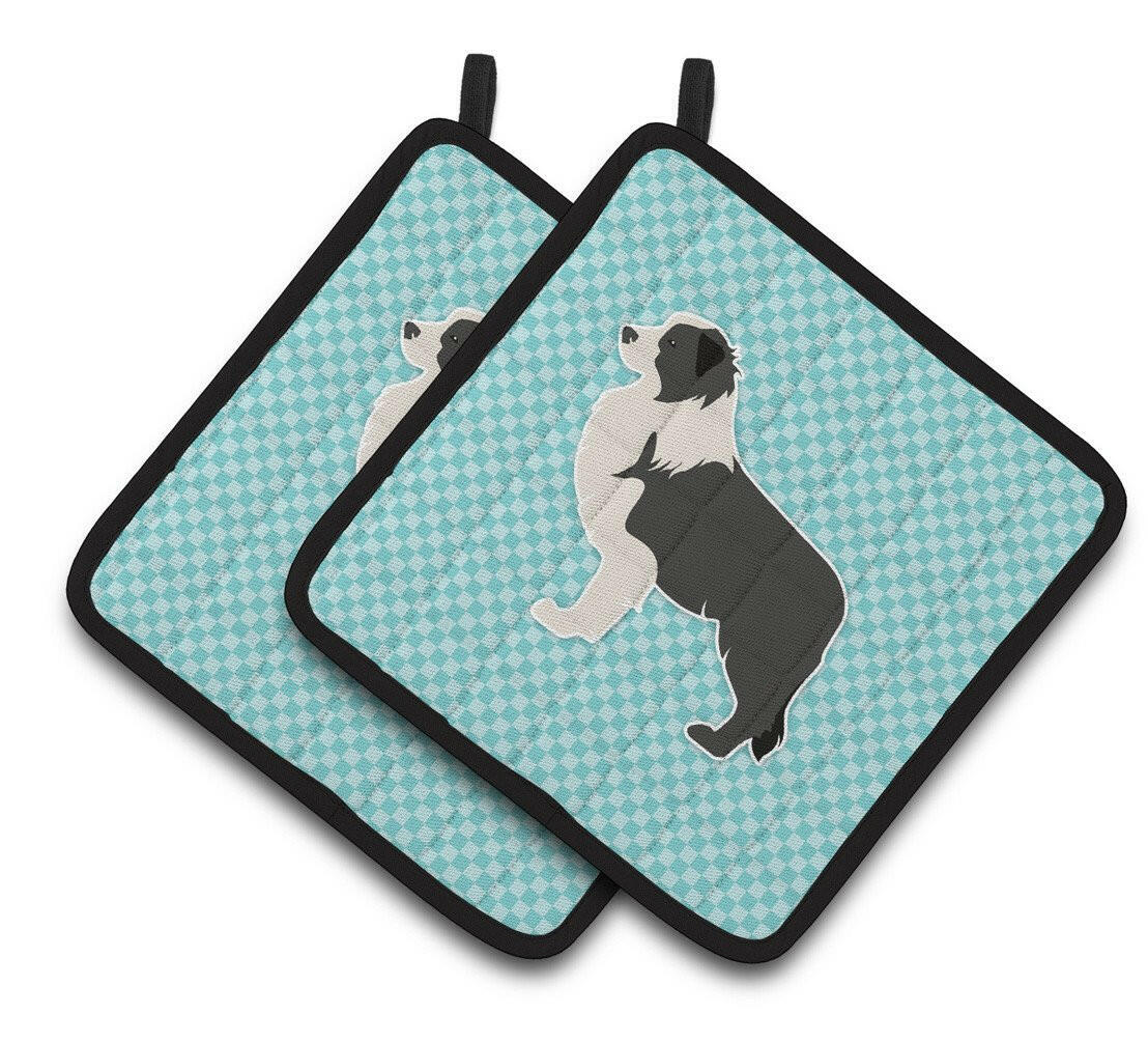 Black Border Collie Checkerboard Blue Pair of Pot Holders BB3723PTHD by Caroline&#39;s Treasures