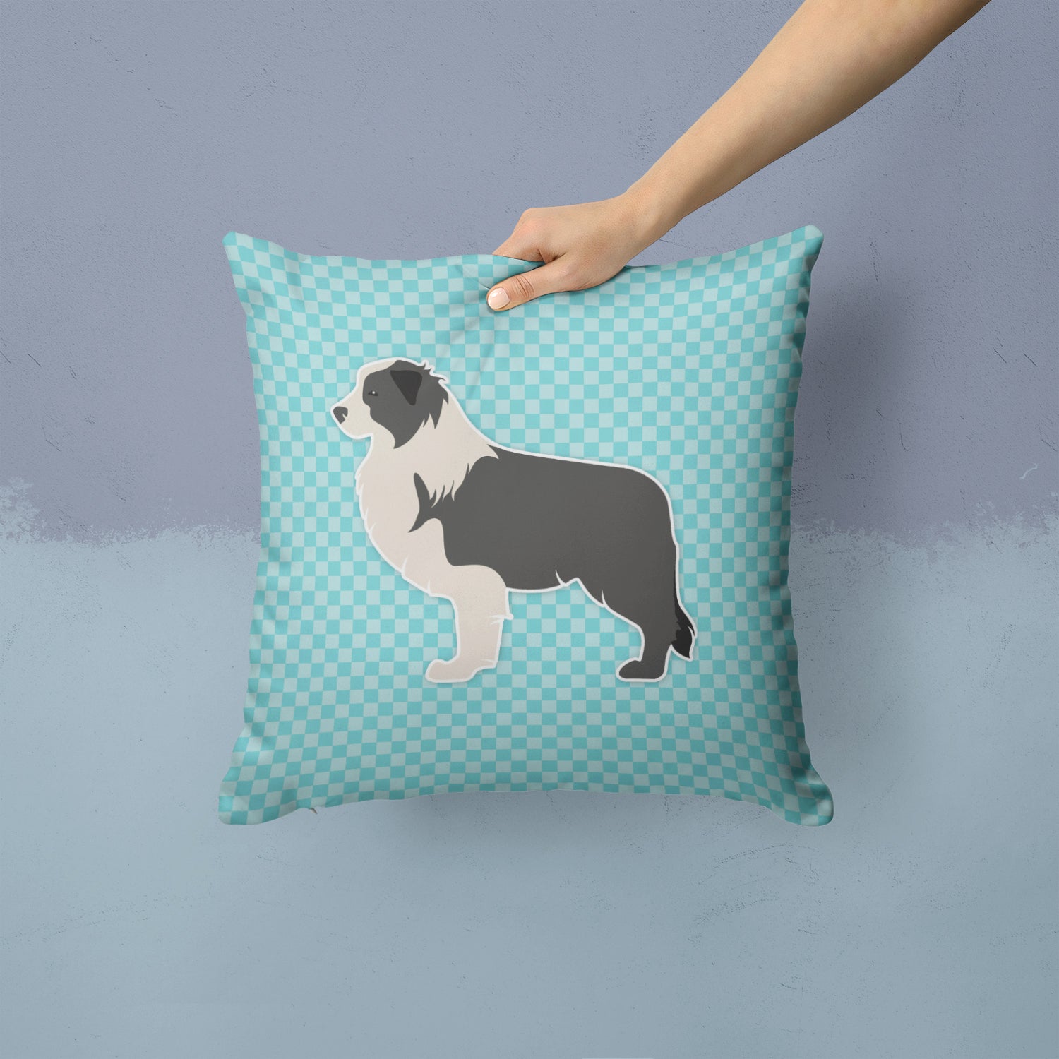 Black Border Collie Checkerboard Blue Fabric Decorative Pillow BB3723PW1414 - the-store.com