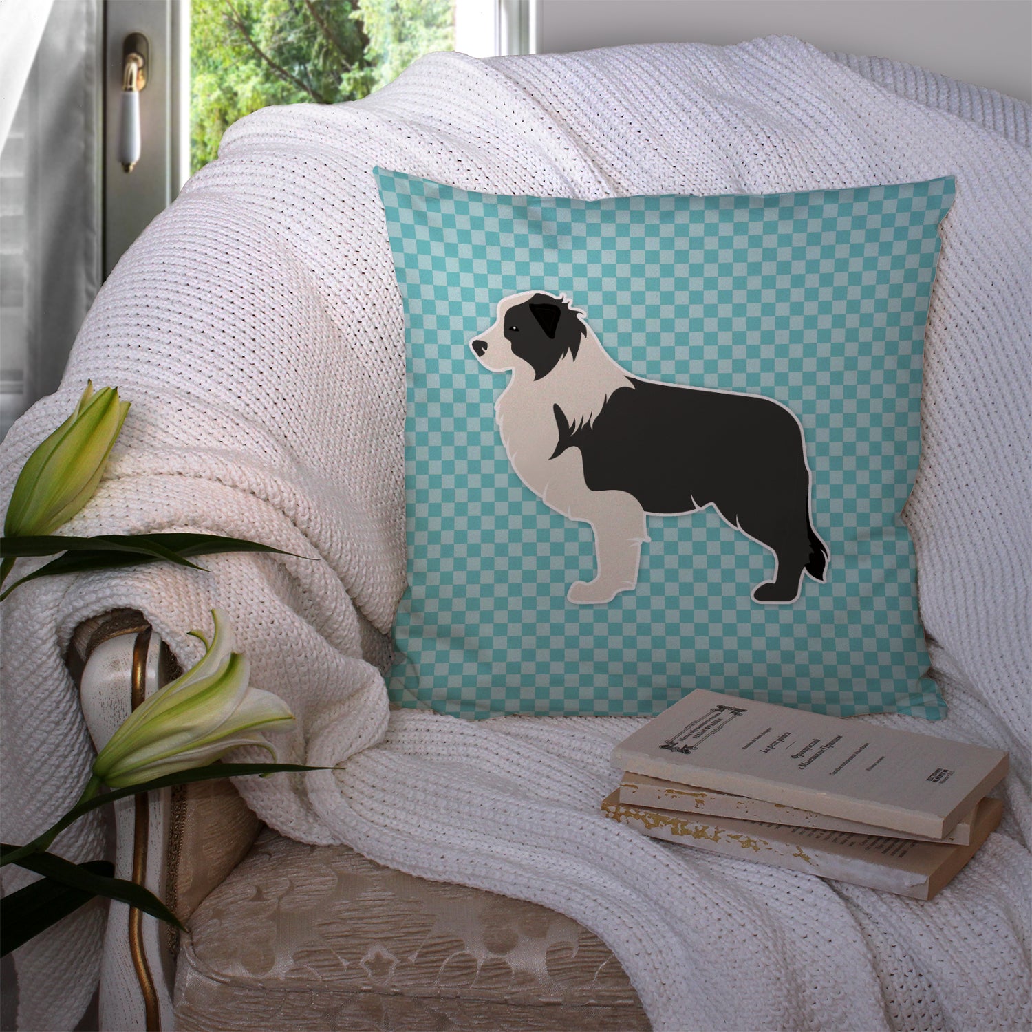 Black Border Collie Checkerboard Blue Fabric Decorative Pillow BB3723PW1414 - the-store.com