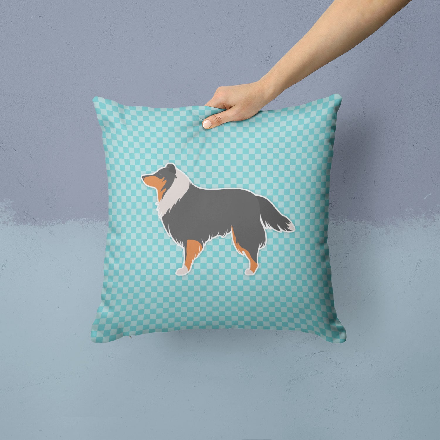 Sheltie/Shetland Sheepdog Checkerboard Blue Fabric Decorative Pillow BB3730PW1414 - the-store.com