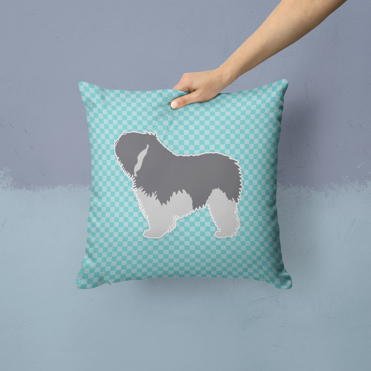 Polish Lowland Sheepdog Dog Checkerboard Blue Fabric Decorative Pillow BB3732PW1414 - the-store.com