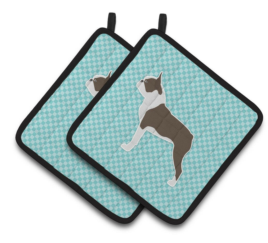 Boston Terrier Checkerboard Blue Pair of Pot Holders BB3744PTHD by Caroline&#39;s Treasures