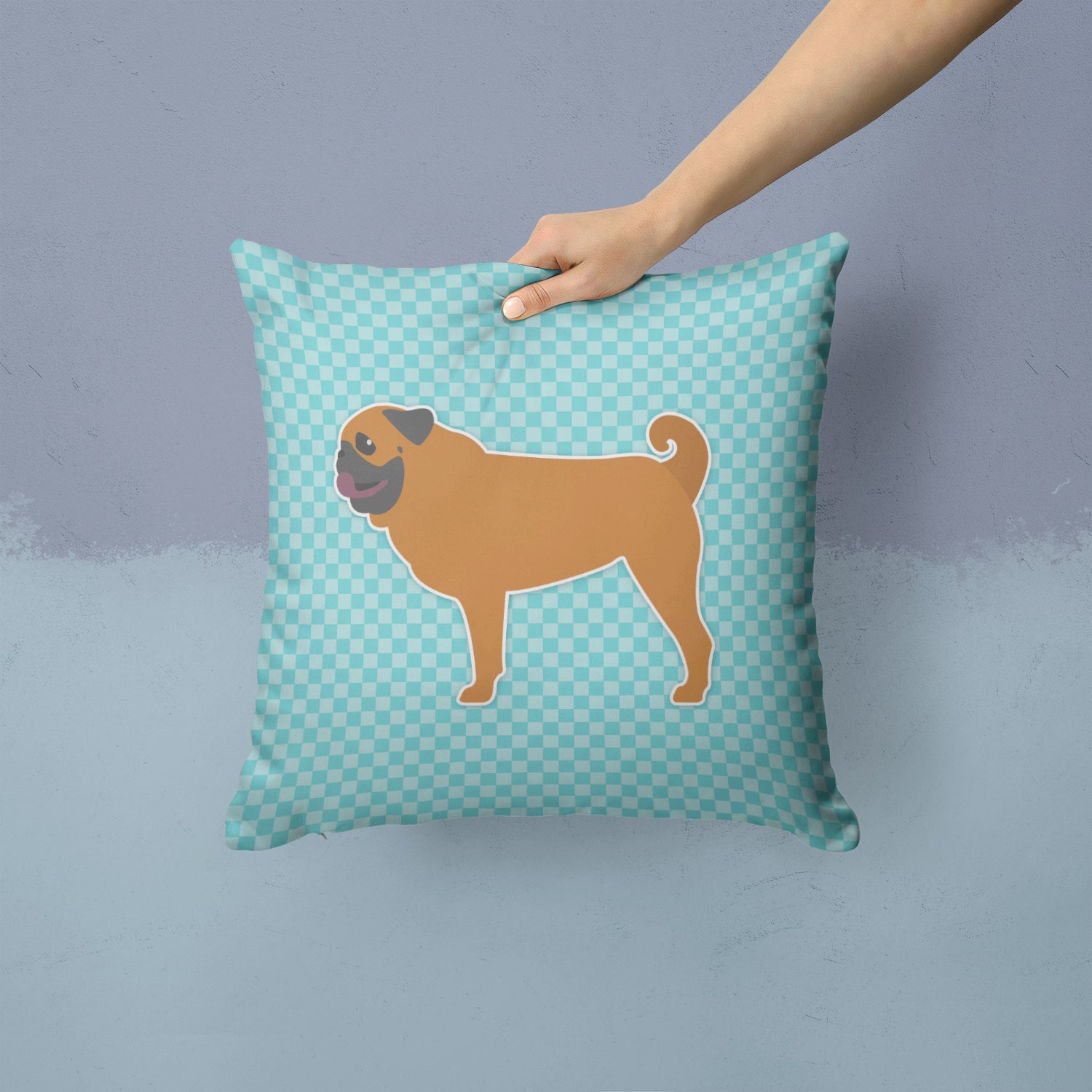 Pug Checkerboard Blue Fabric Decorative Pillow BB3747PW1414 - the-store.com