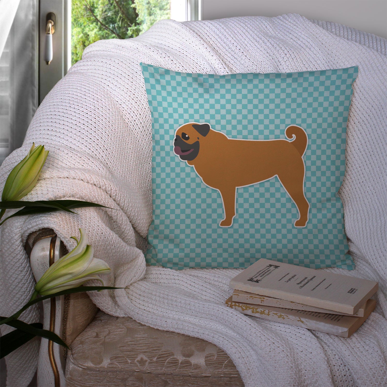 Pug Checkerboard Blue Fabric Decorative Pillow BB3747PW1414 - the-store.com