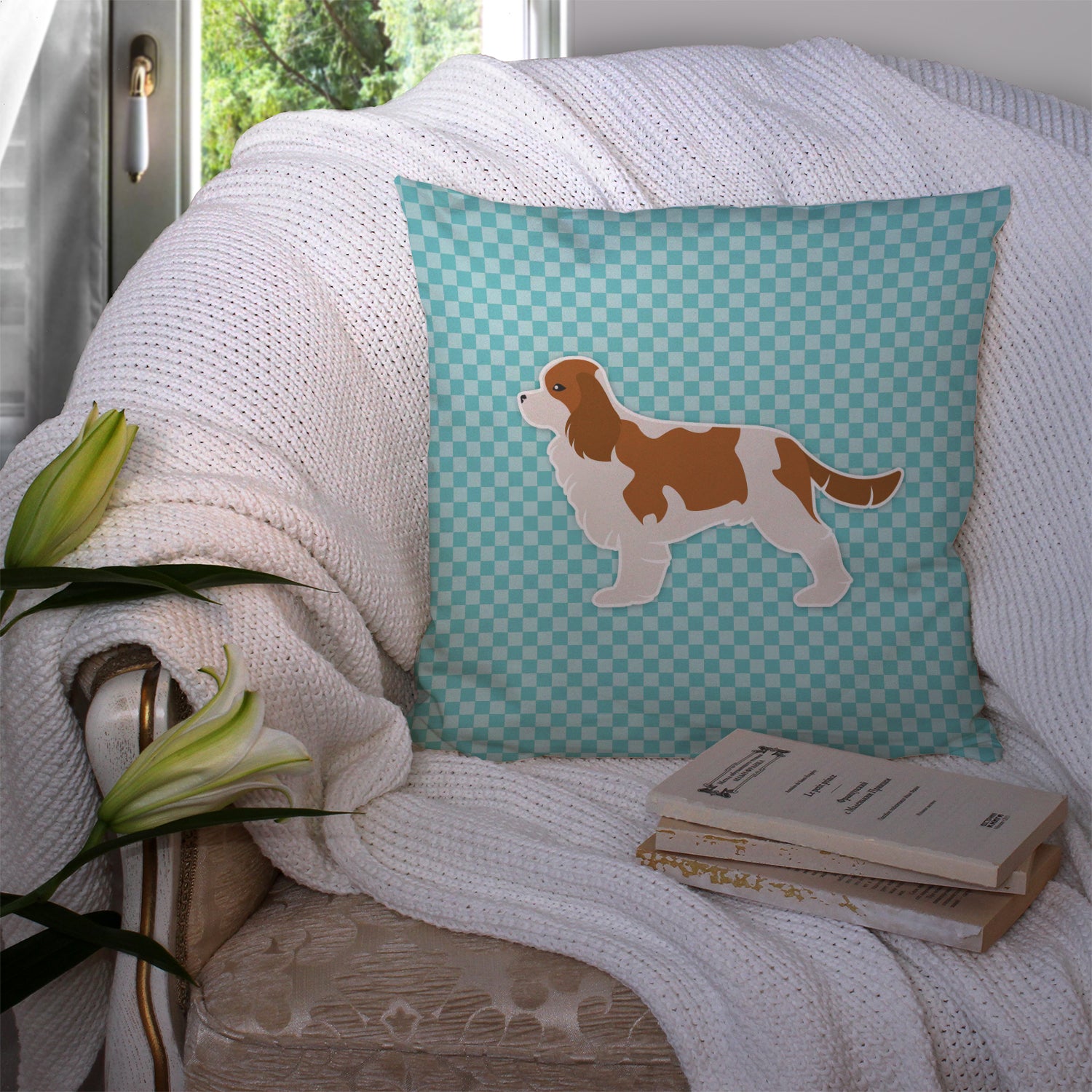 Cavalier King Charles Spaniel Checkerboard Blue Fabric Decorative Pillow BB3749PW1414 - the-store.com