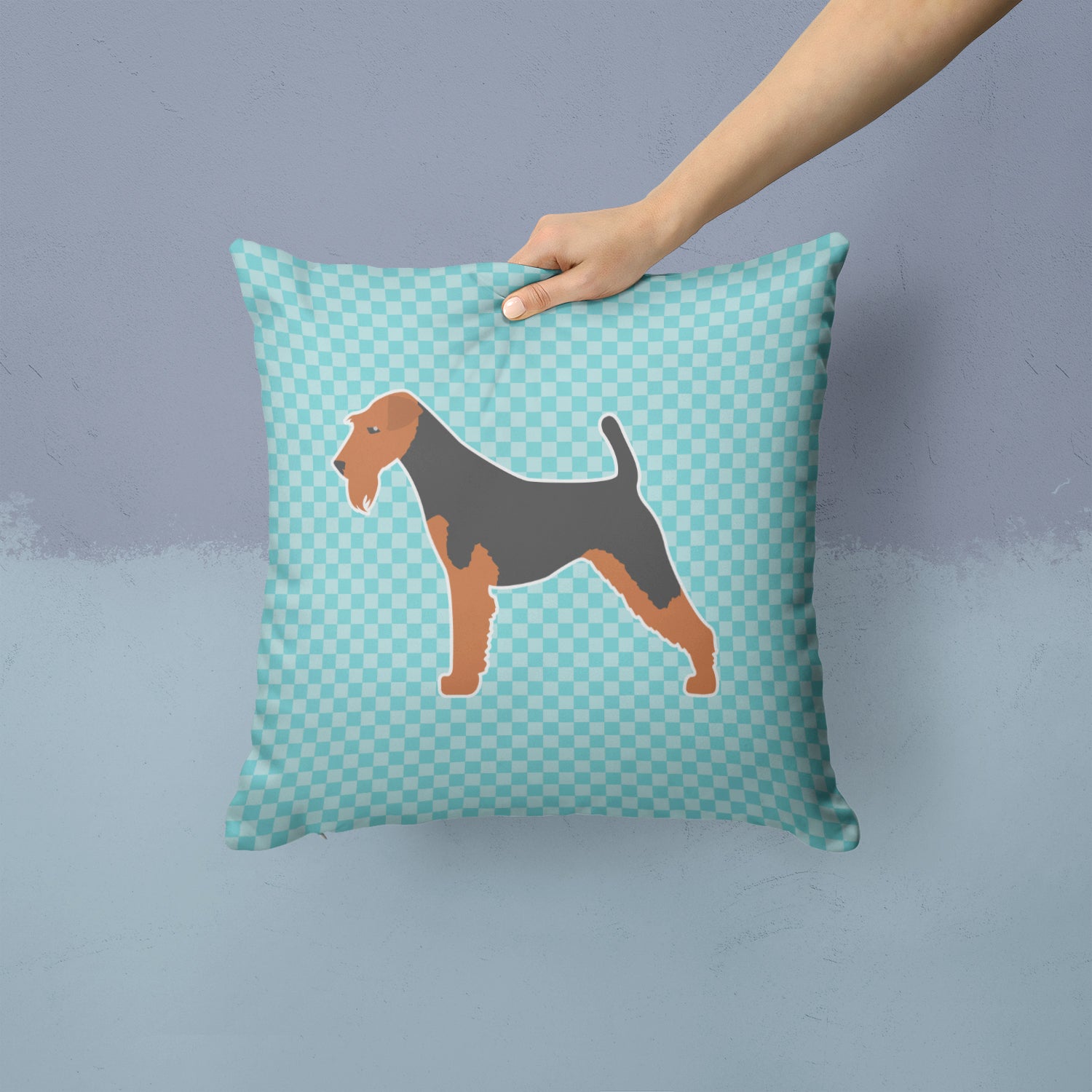 Airedale Terrier Checkerboard Blue Fabric Decorative Pillow BB3757PW1414 - the-store.com