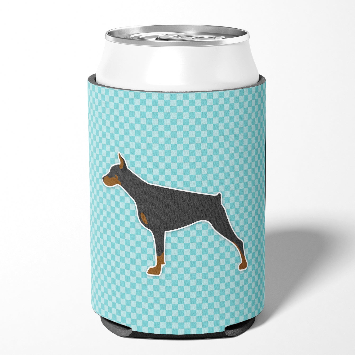 Doberman Pinscher Checkerboard Blue Can or Bottle Hugger BB3760CC  the-store.com.