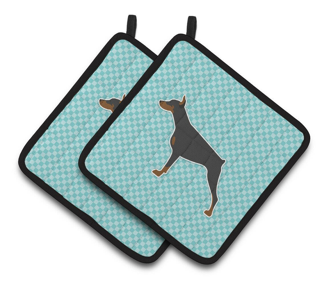 Doberman Pinscher Checkerboard Blue Pair of Pot Holders BB3760PTHD by Caroline&#39;s Treasures