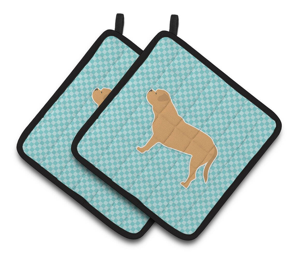 Dogue de Bordeaux Checkerboard Blue Pair of Pot Holders BB3770PTHD by Caroline&#39;s Treasures