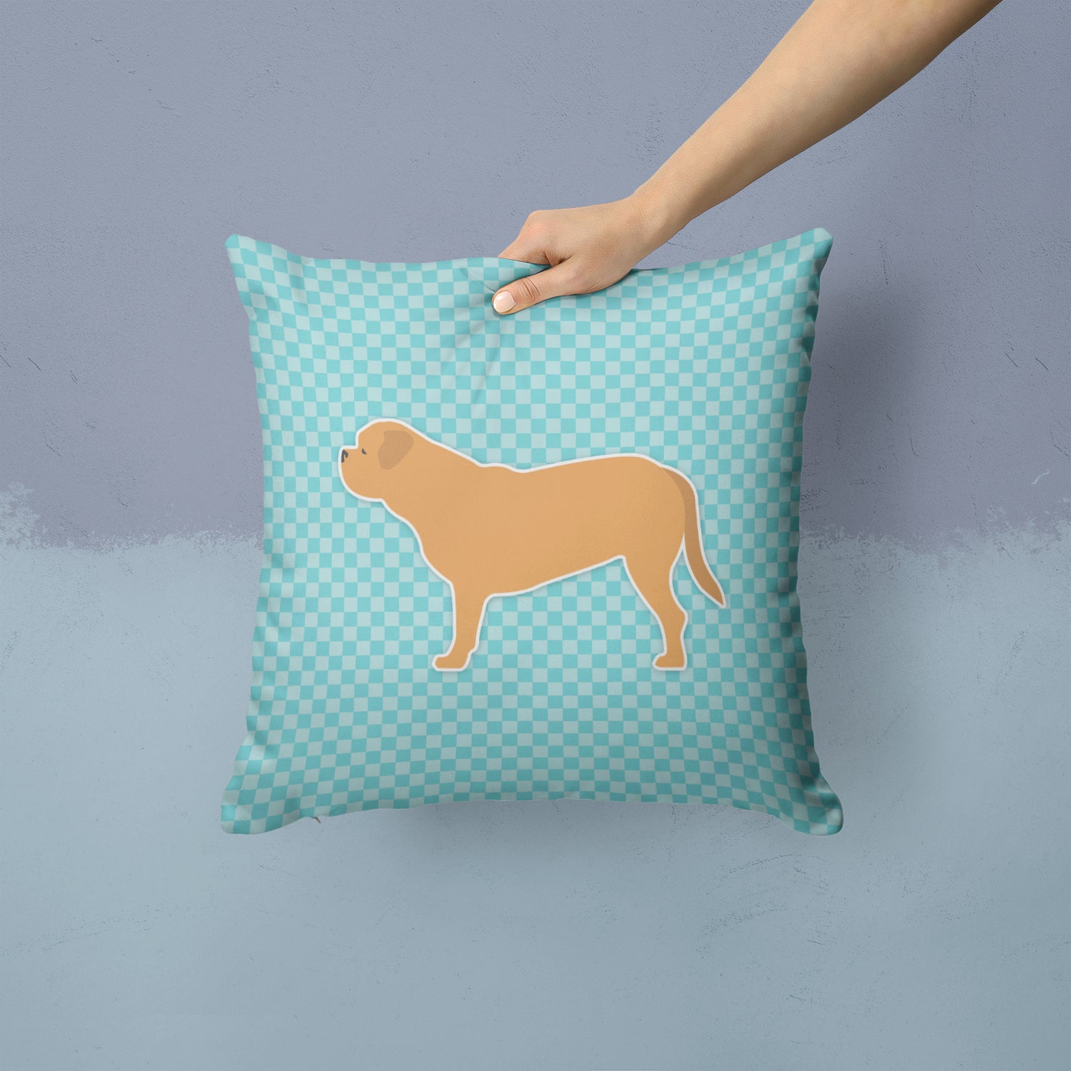 Dogue de Bordeaux Checkerboard Blue Fabric Decorative Pillow BB3770PW1414 - the-store.com