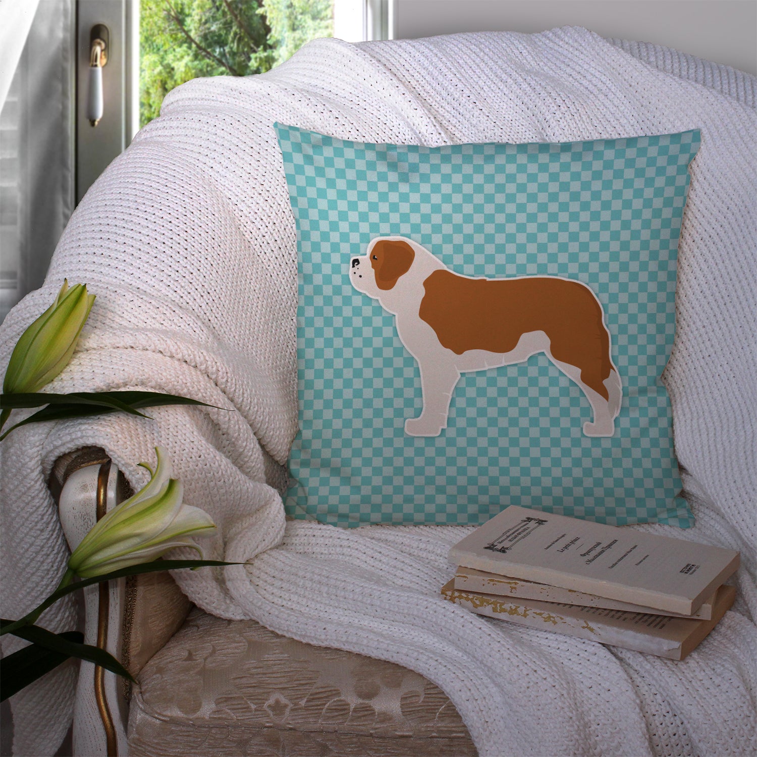 Saint Bernard Checkerboard Blue Fabric Decorative Pillow BB3776PW1414 - the-store.com