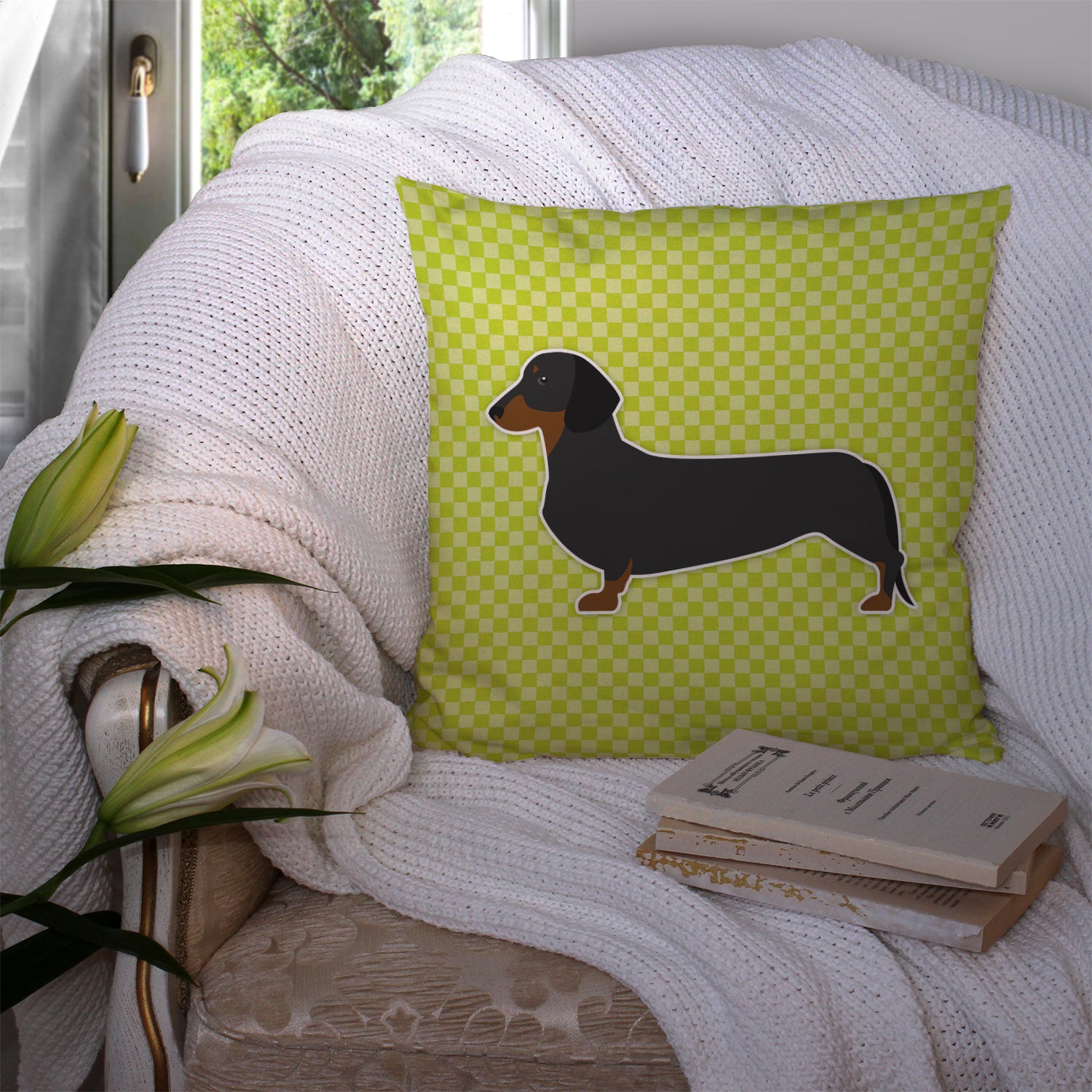 Dachshund Checkerboard Green Fabric Decorative Pillow BB3782PW1414 - the-store.com