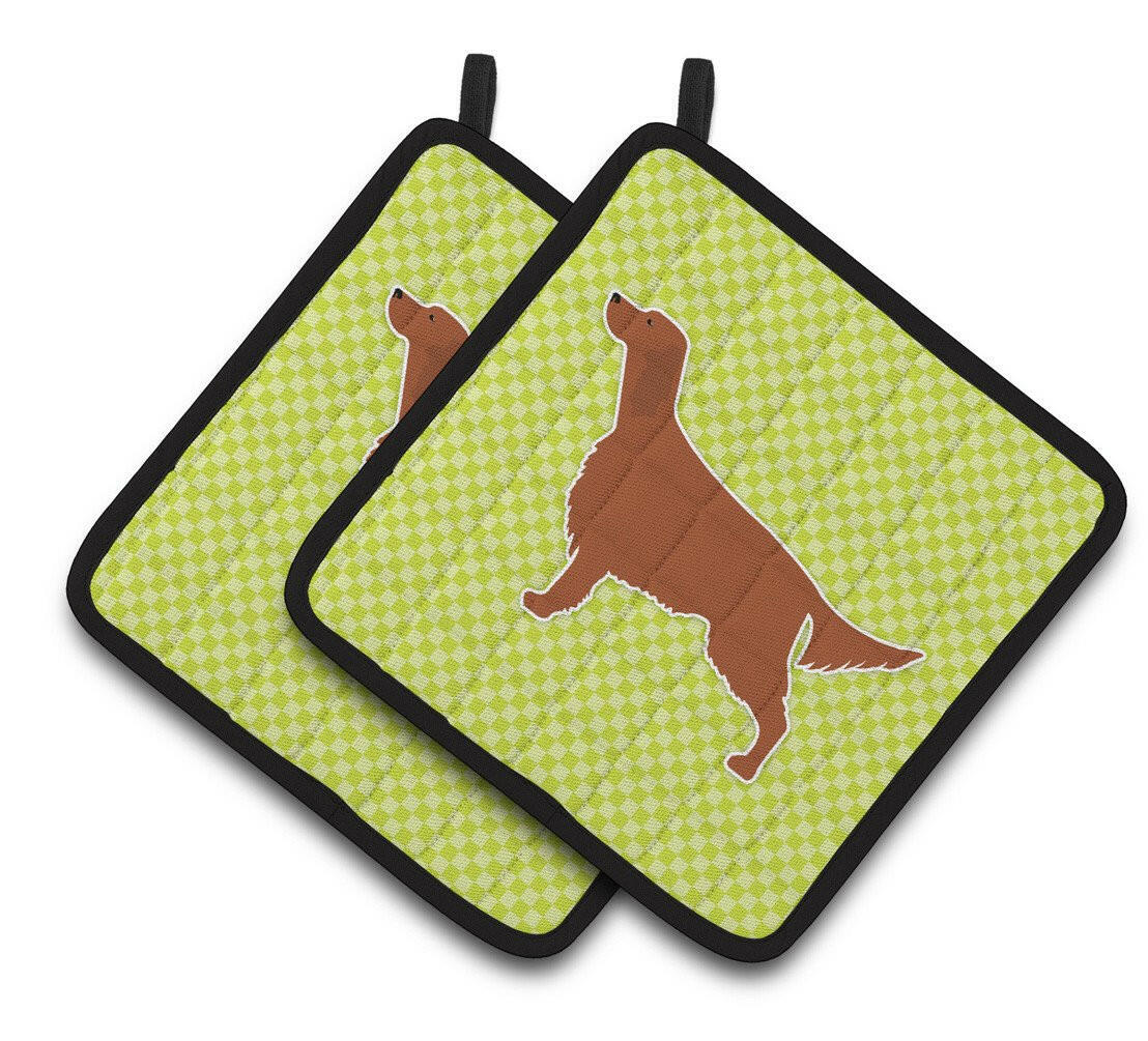 Irish Setter Checkerboard Green Pair of Pot Holders BB3793PTHD by Caroline&#39;s Treasures