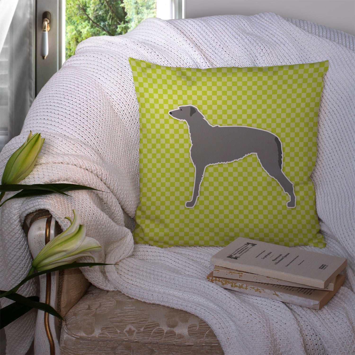 Scottish Deerhound Checkerboard Green Fabric Decorative Pillow BB3796PW1414 - the-store.com